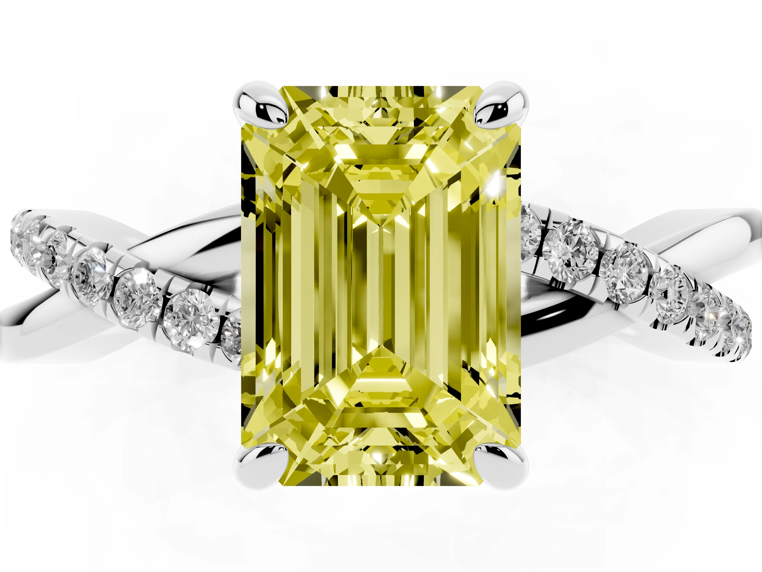 Fancy Yellow Emerald Cut Diamond Twist Band Pavé Solitaire Ring Set in Silver with Prong Setting