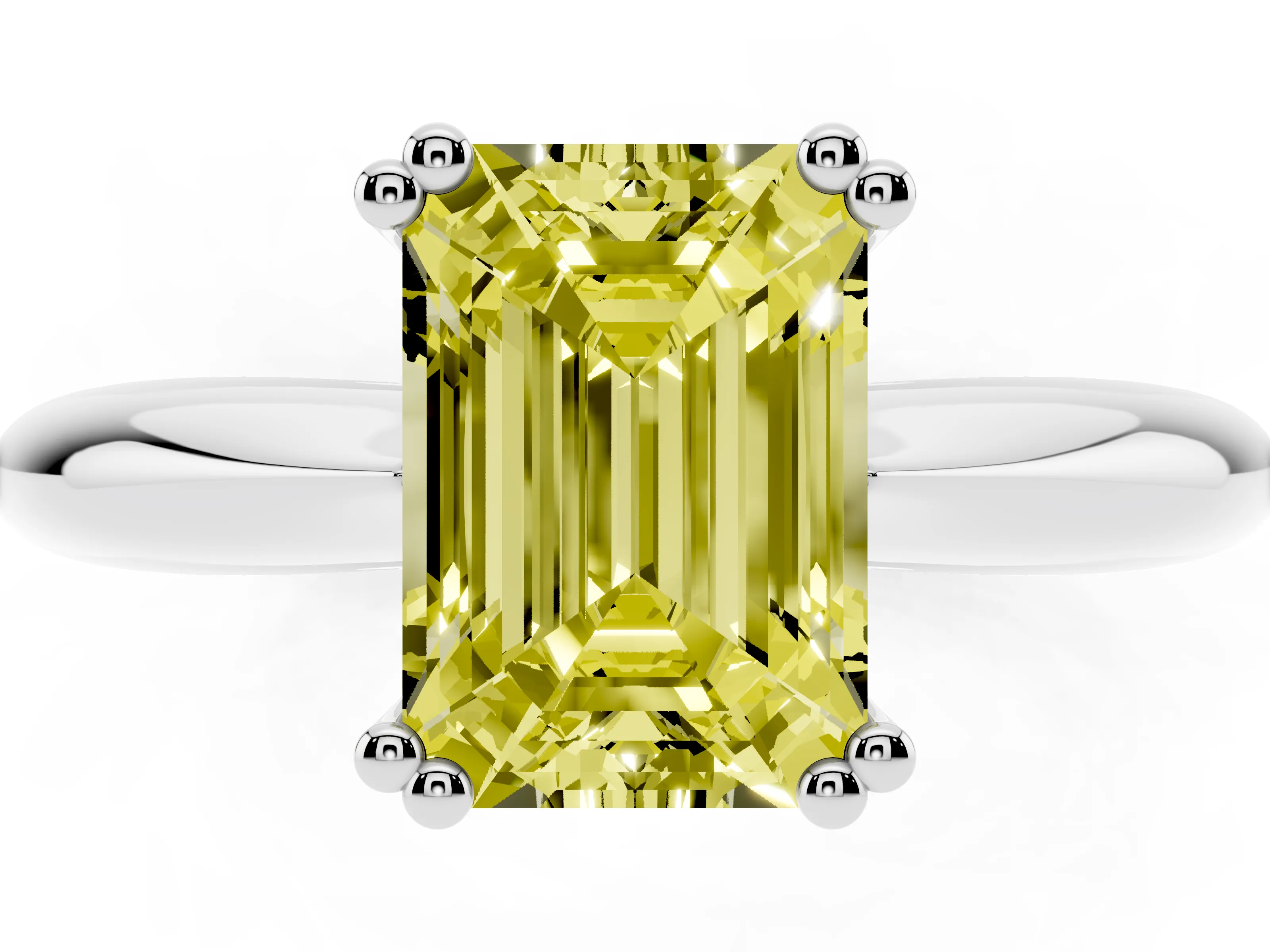 Fancy Yellow Emerald Cut Diamond Solitaire Engagement Ring Set in Platinum with Tapered Band and Prong Setting