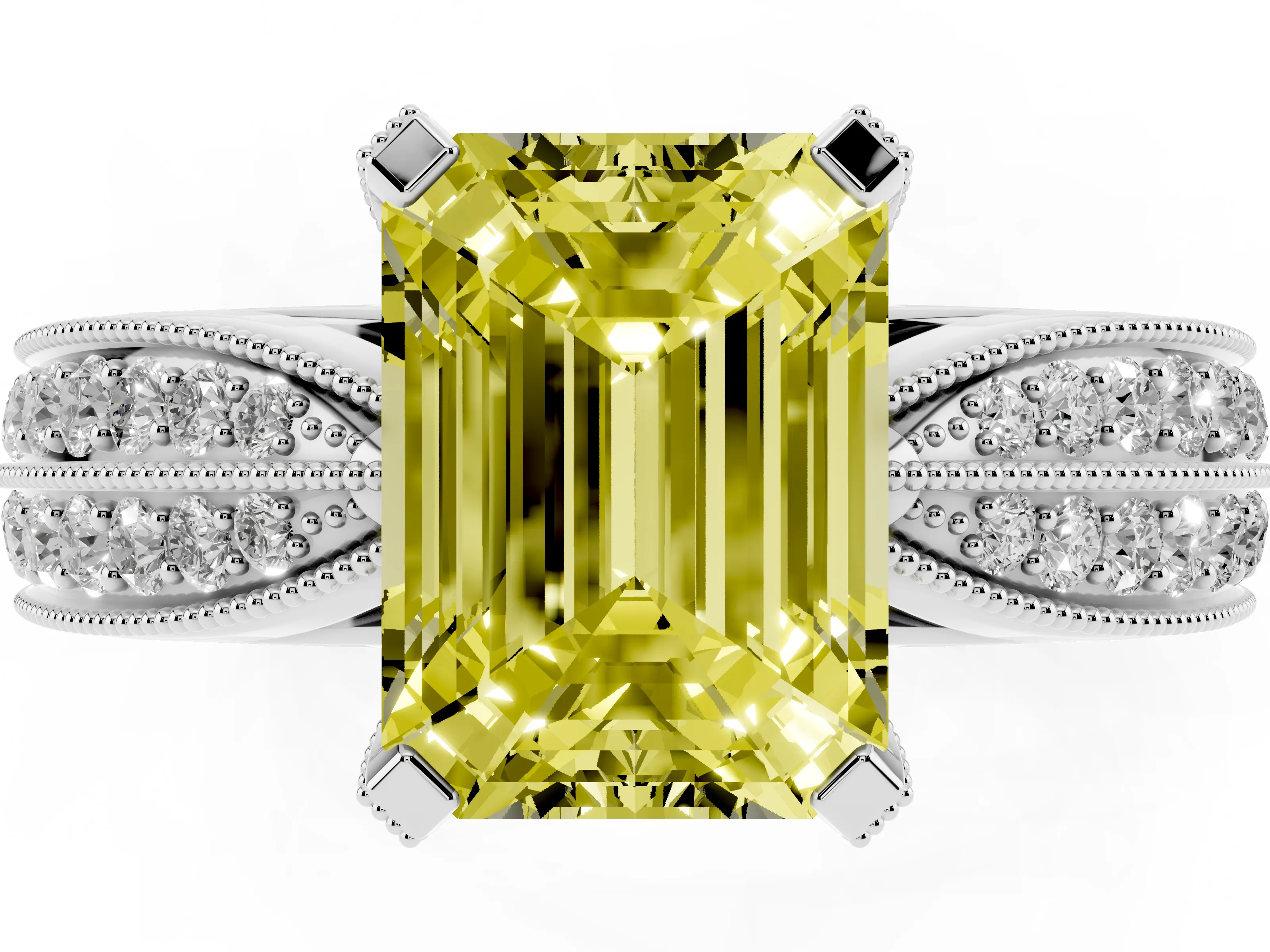 Fancy Yellow Emerald Cut Diamond Solitaire Ring Set in Platinum with Milgrain Double Row Round Pavé Band