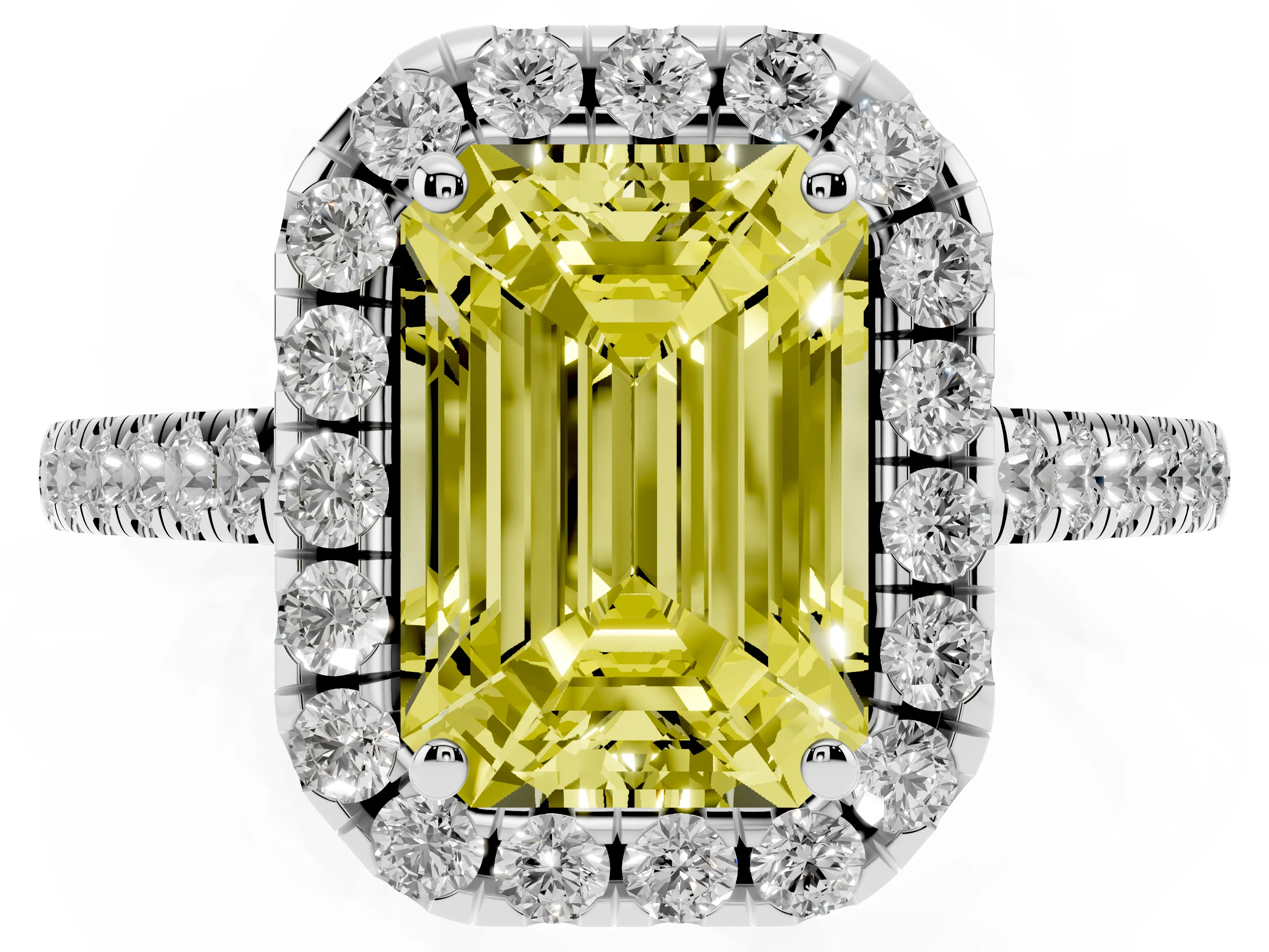Fancy Yellow Emerald Cut Diamond Halo Pavé Engagement Ring Set in Platinum with Prong Setting