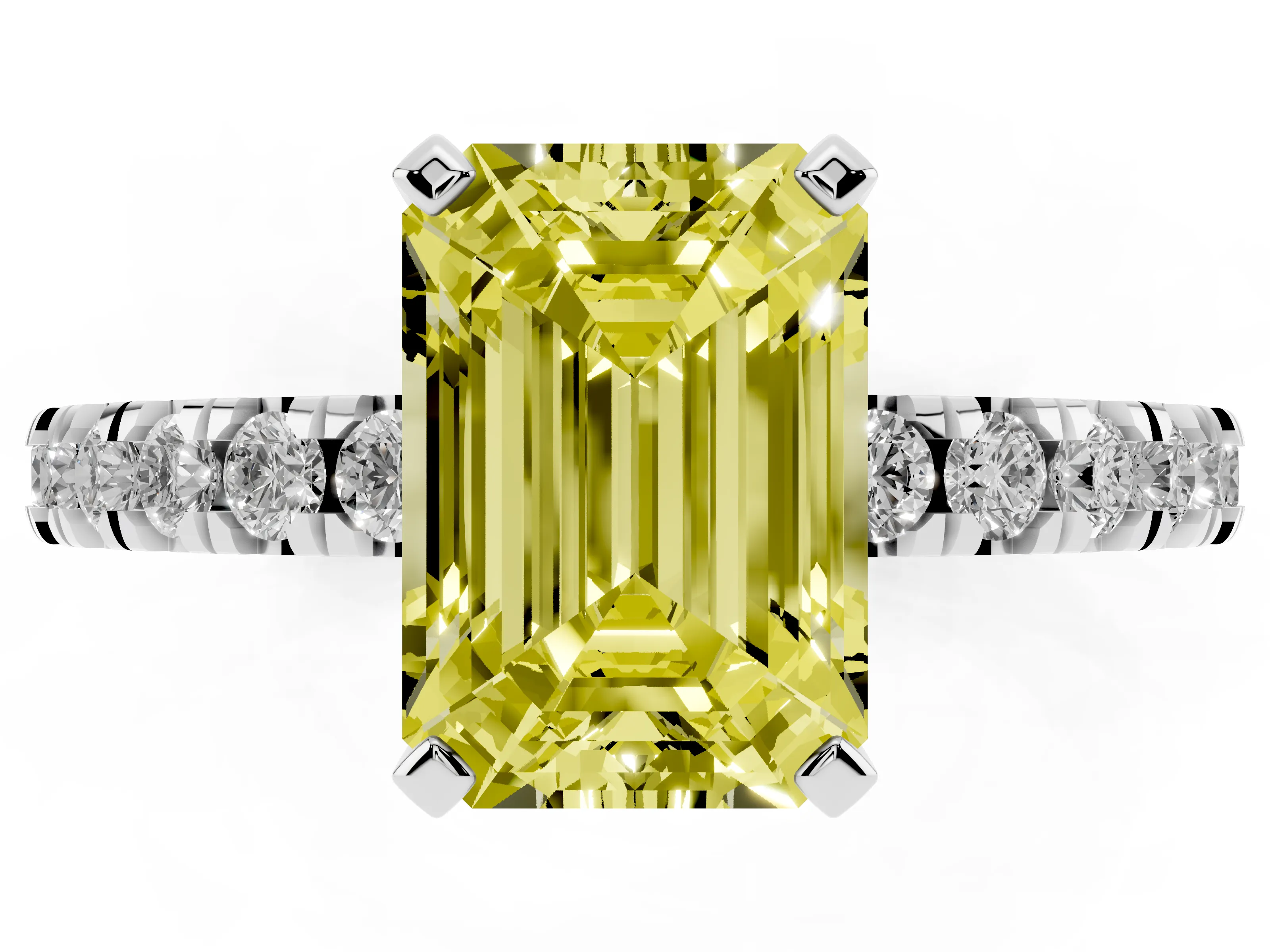 Fancy Yellow Emerald Cut Diamond Pavé Band Solitaire Set in Platinum with Prong Setting