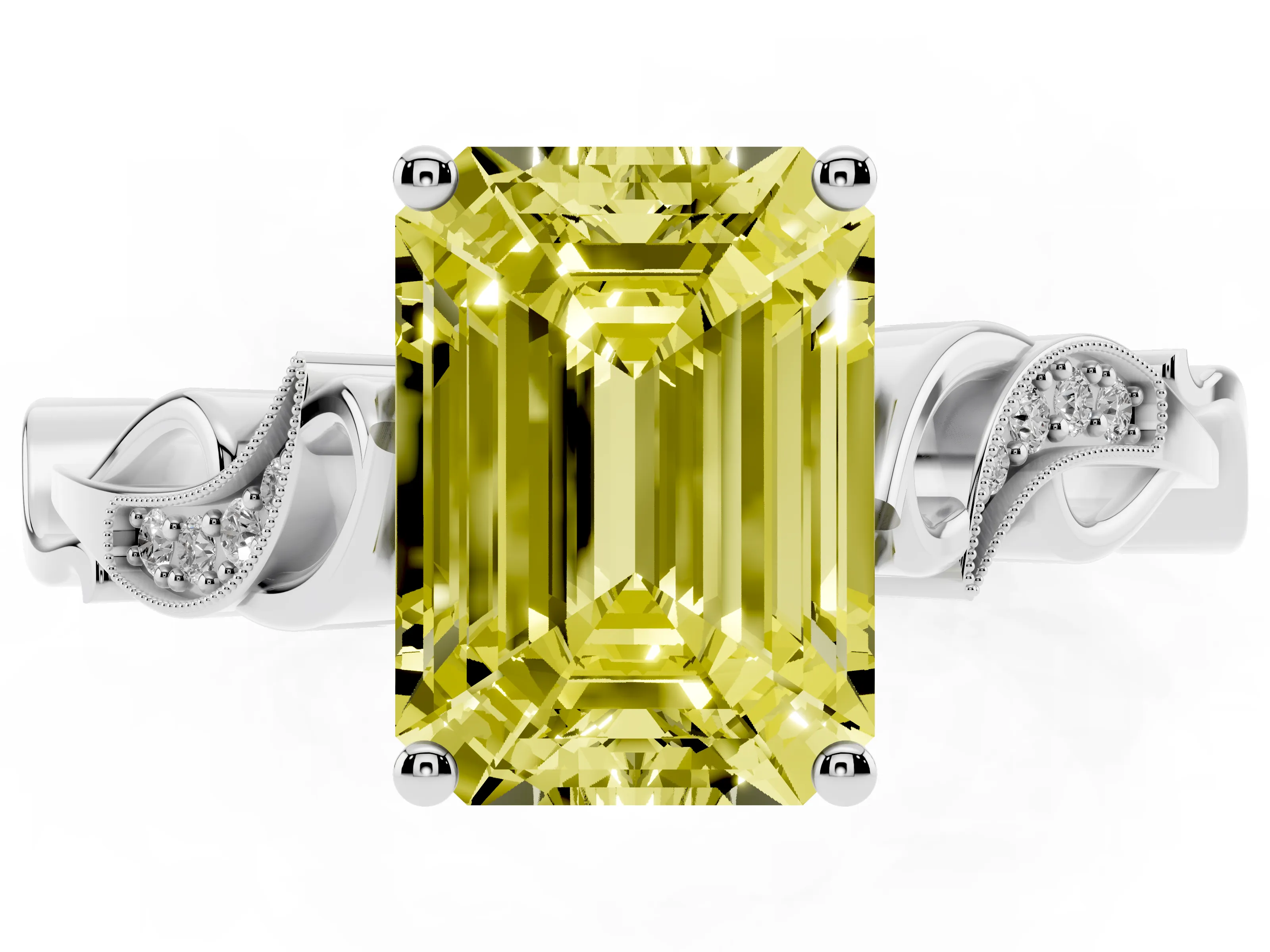Fancy Yellow Emerald Cut Diamond Vine Band Solitaire Ring Set in White gold with Milgrain Prong Setting