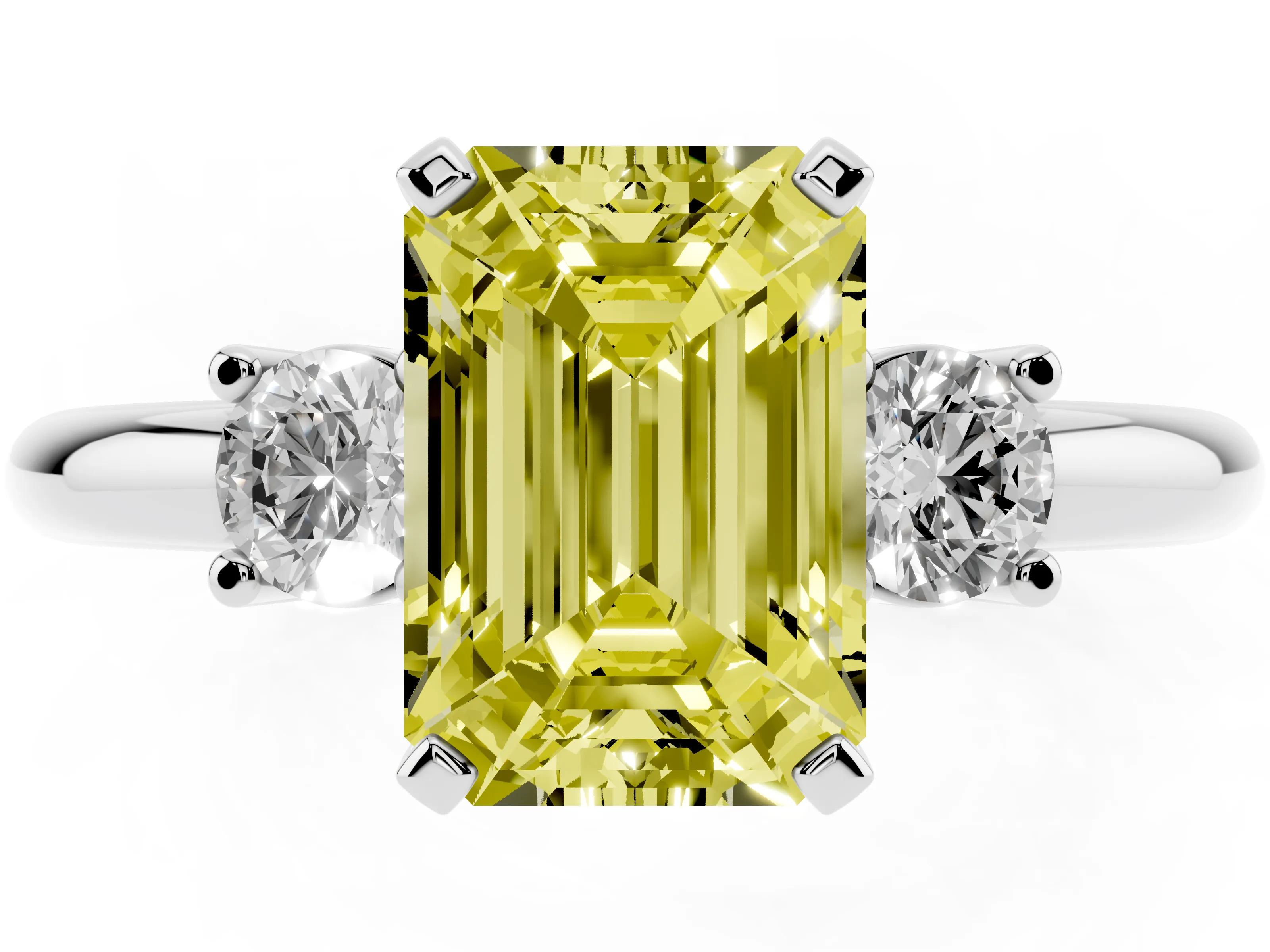 Fancy Yellow Three-Stone Emerald Cut Diamond Ring Set in Silver with Prong Setting and Plain Band