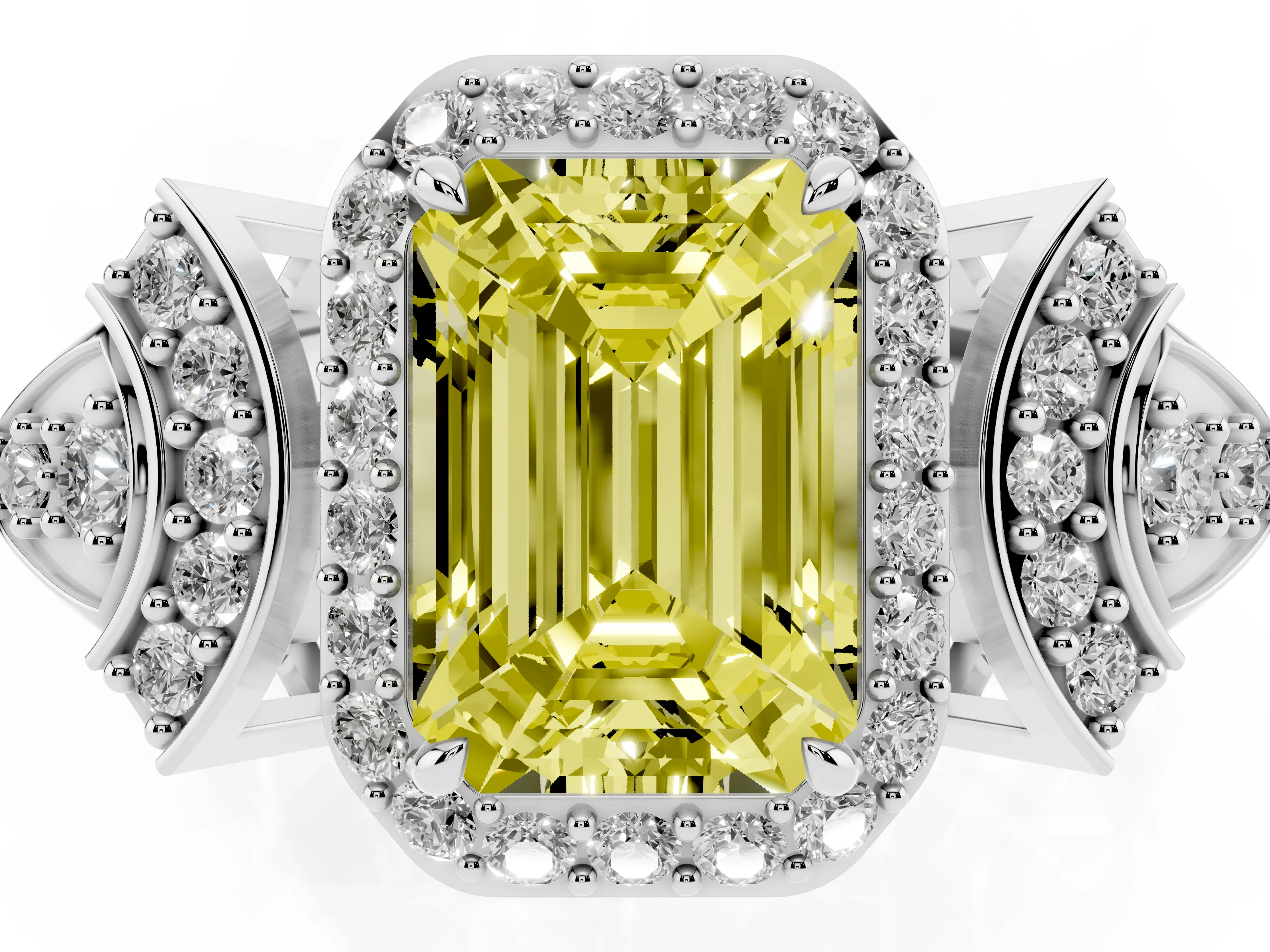 Fancy Yellow Emerald Cut Diamond Halo Engagement Ring Set in White gold with Accent Stone Split Shank