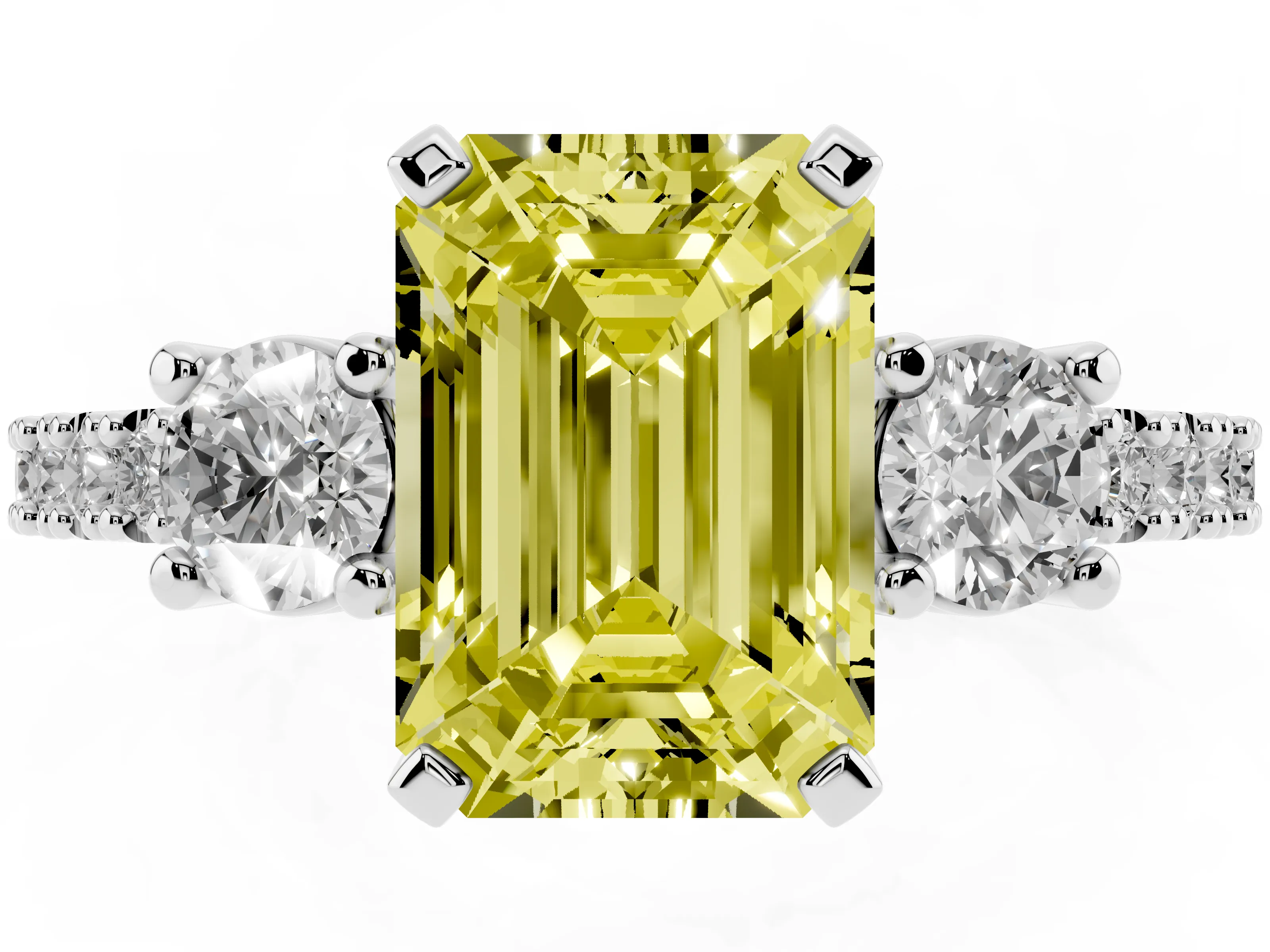 Fancy Yellow Three-Stone Emerald Cut Diamond Pavé Band Ring Set in Platinum with Prong Setting