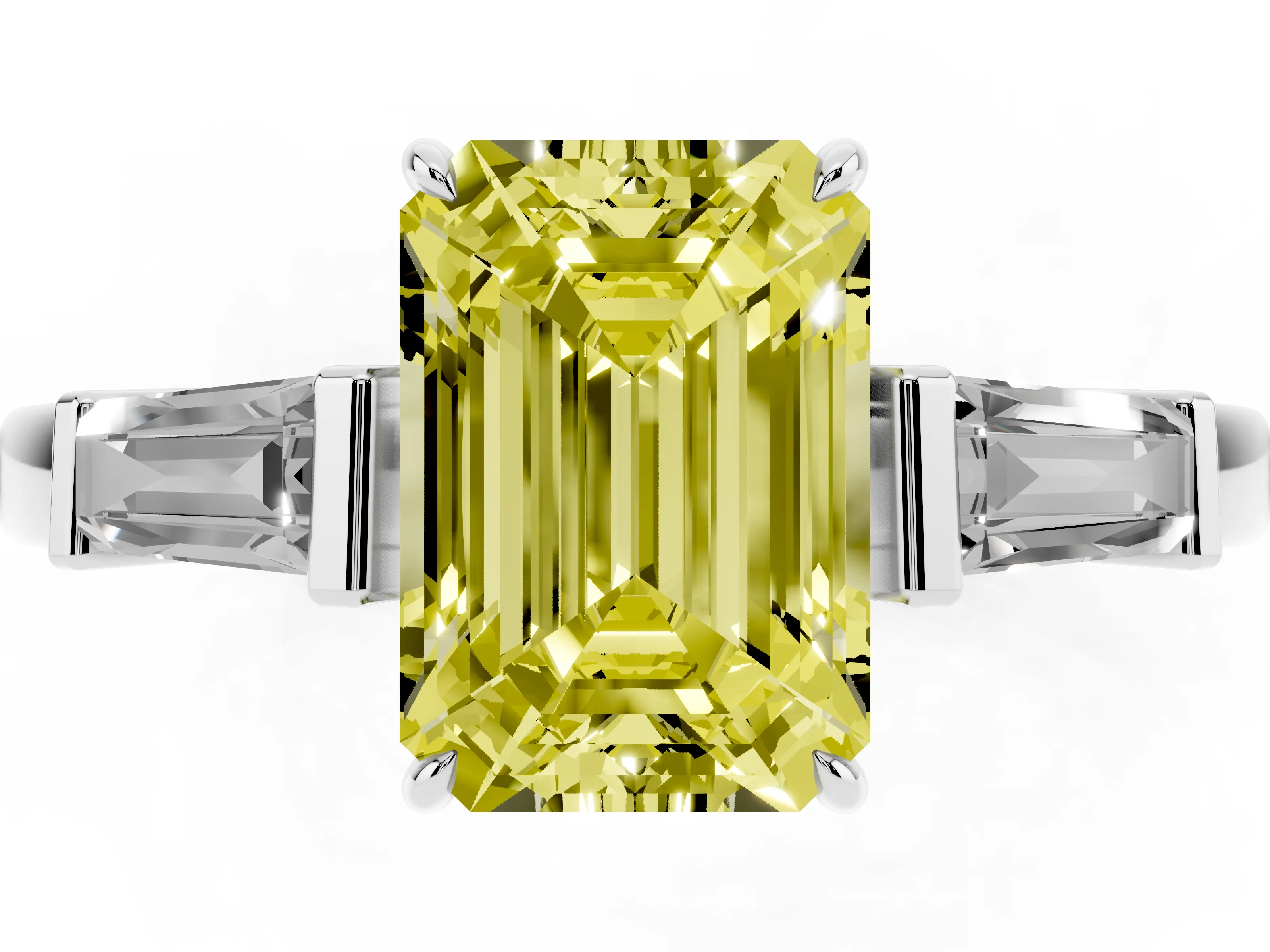 Fancy Yellow Emerald Cut Diamond Three-Stone Ring Set in Platinum with Tapered Baguette Side Stones and Prong Setting