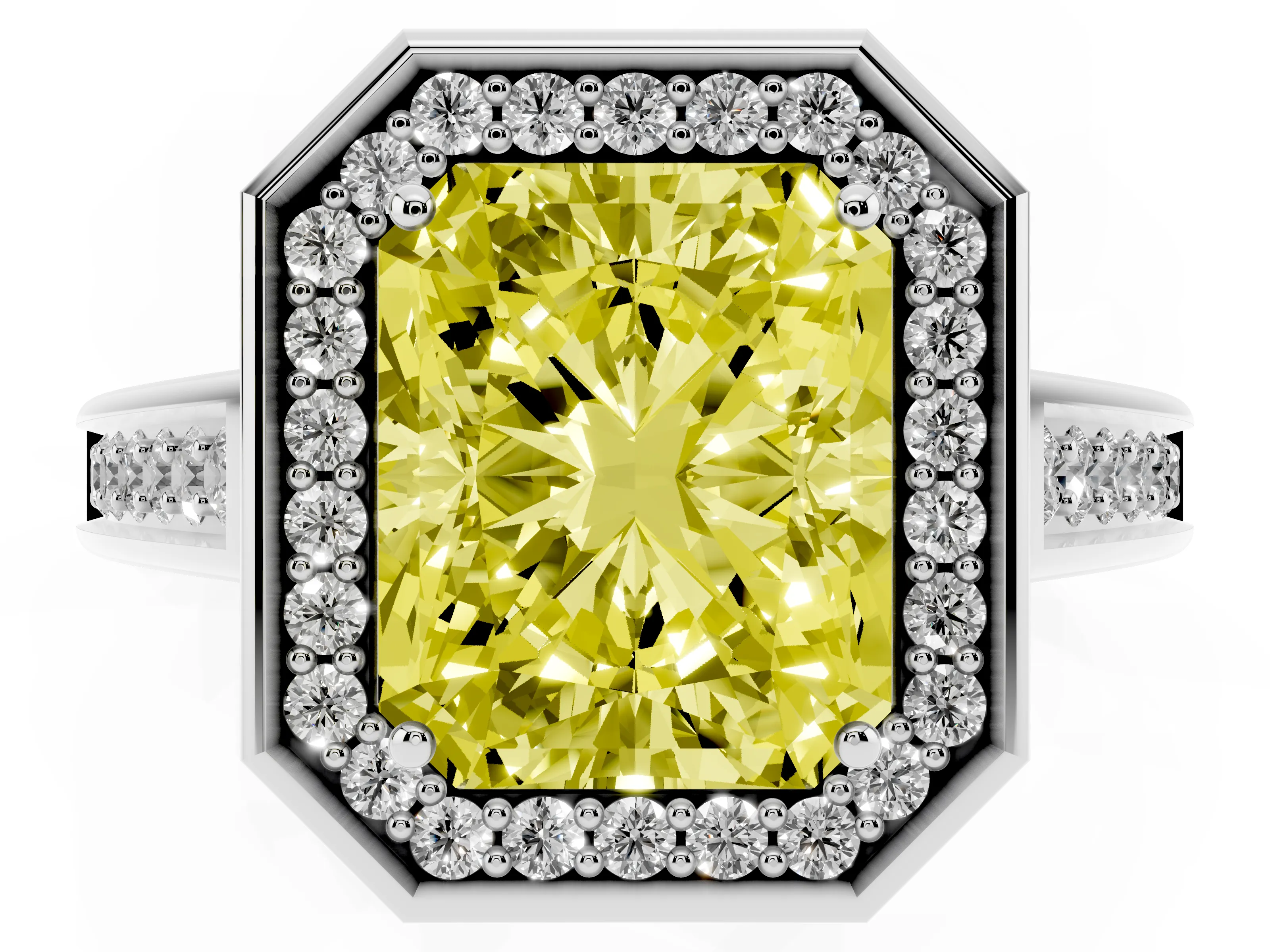 Fancy Yellow Emerald Cut Diamond Halo Solitaire Ring Set in Silver with Pavé Band and Bezel Setting