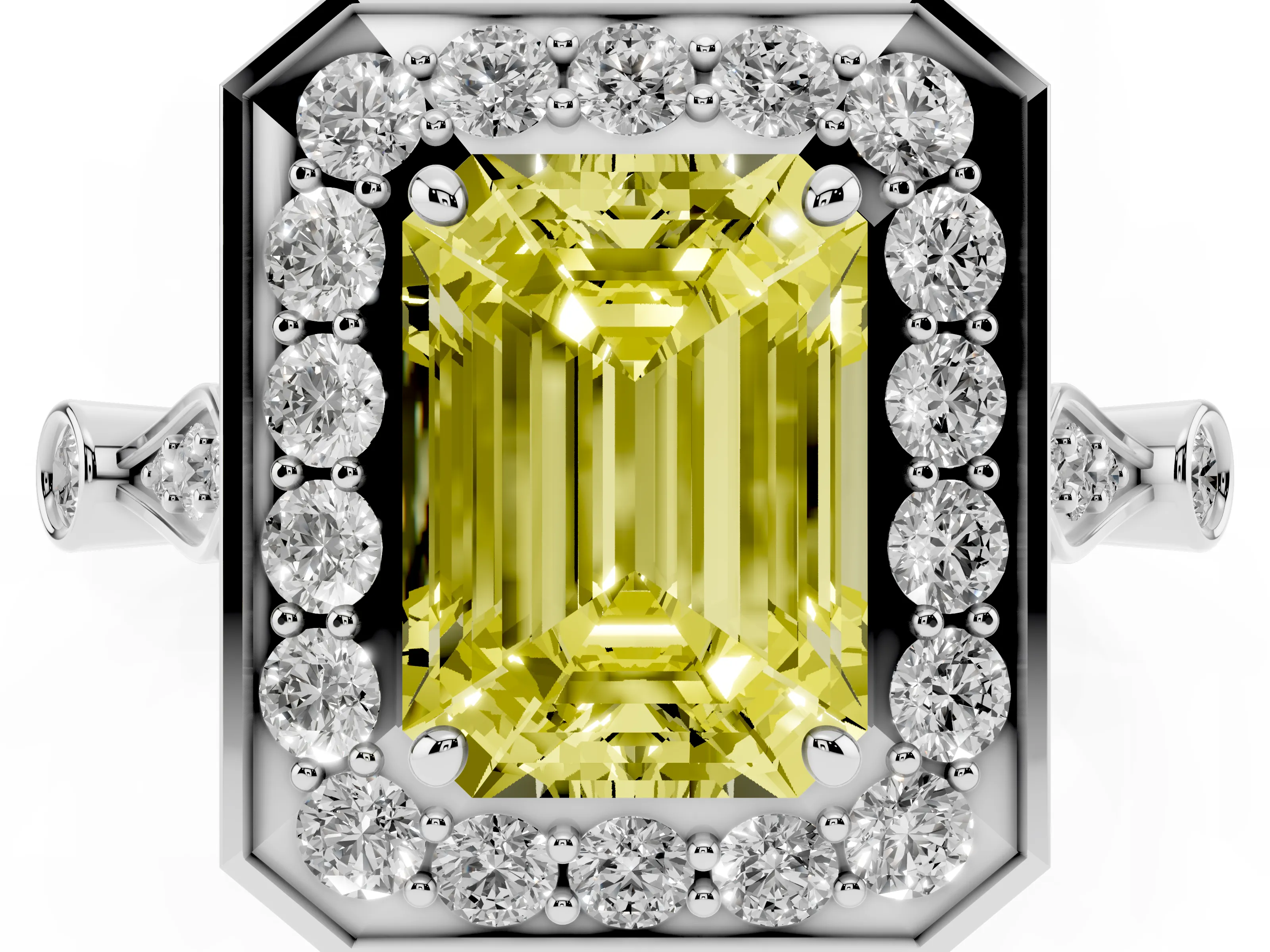 Fancy Yellow Emerald Cut Diamond Halo Engagement Ring Set in Platinum with Twisted Band and Prong Setting