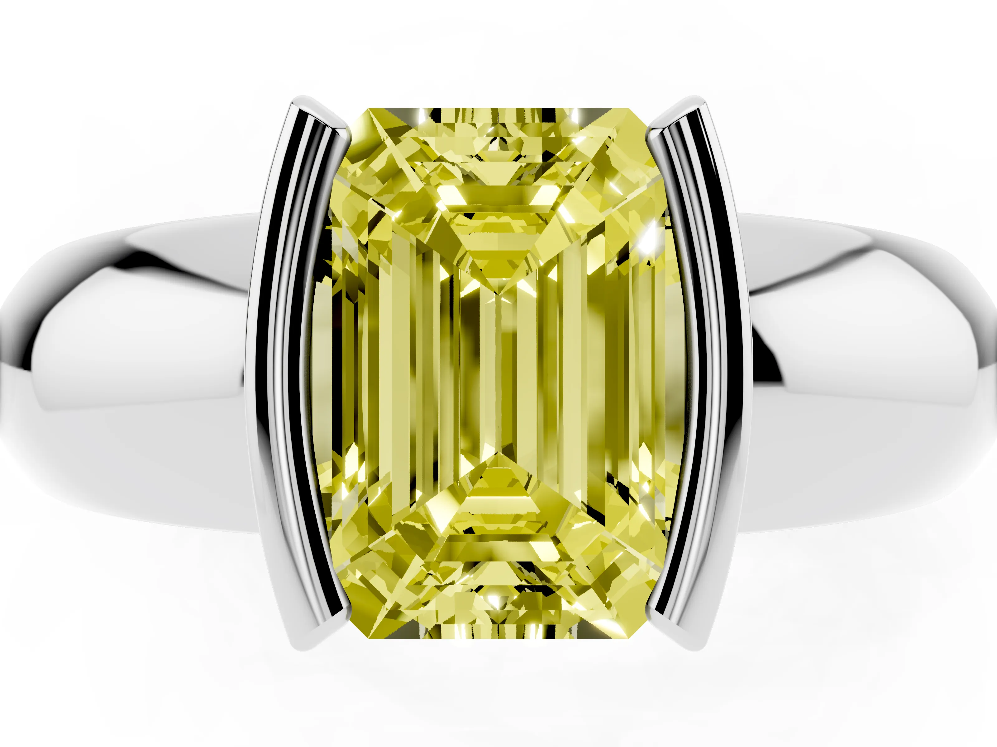 Fancy Yellow Emerald Cut Diamond Solitaire Tension Set Ring Set in Silver with Wide Band