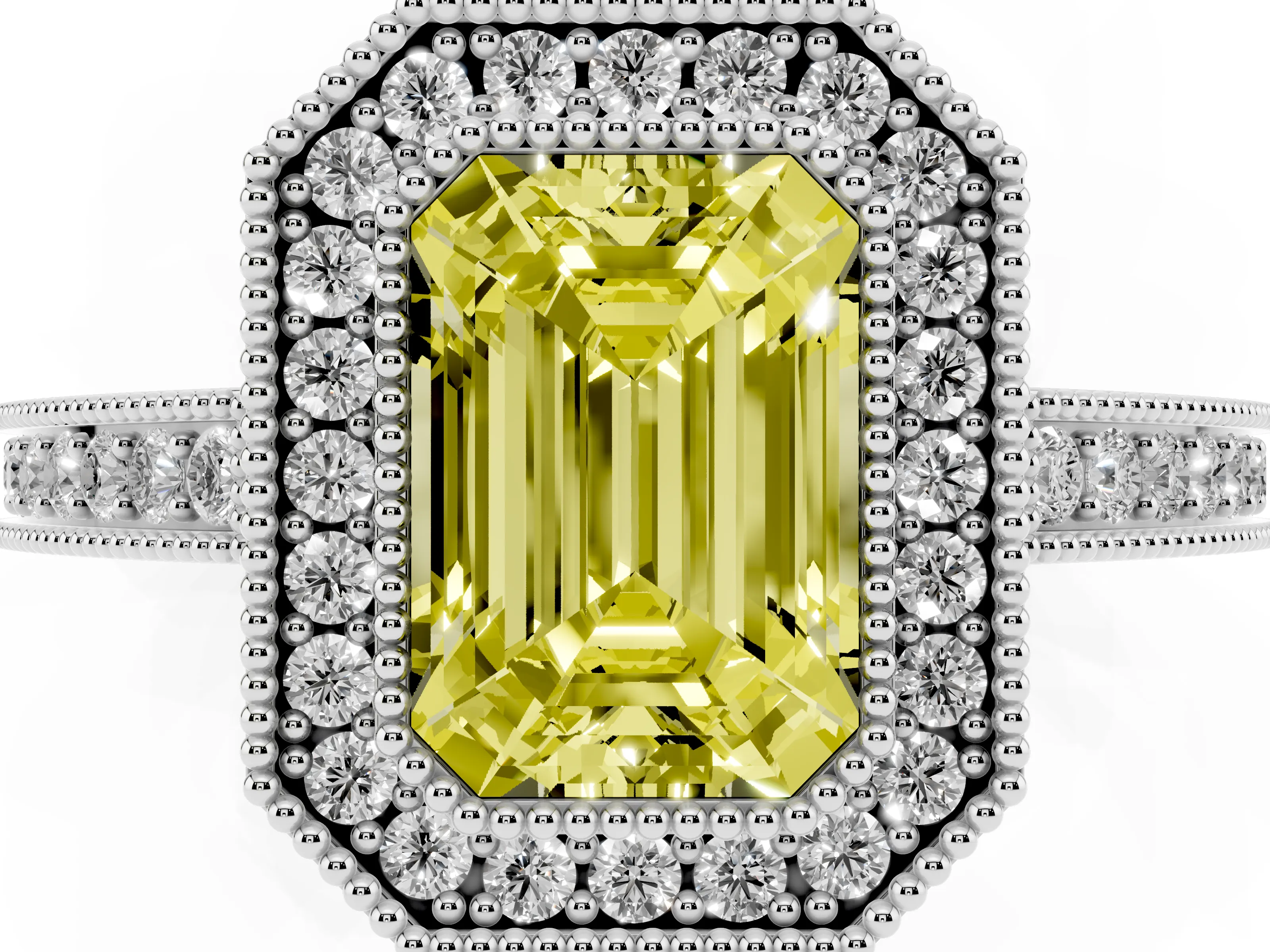 Fancy Yellow Emerald Cut Diamond Round Halo Ring Set in White gold with Pavé Band
