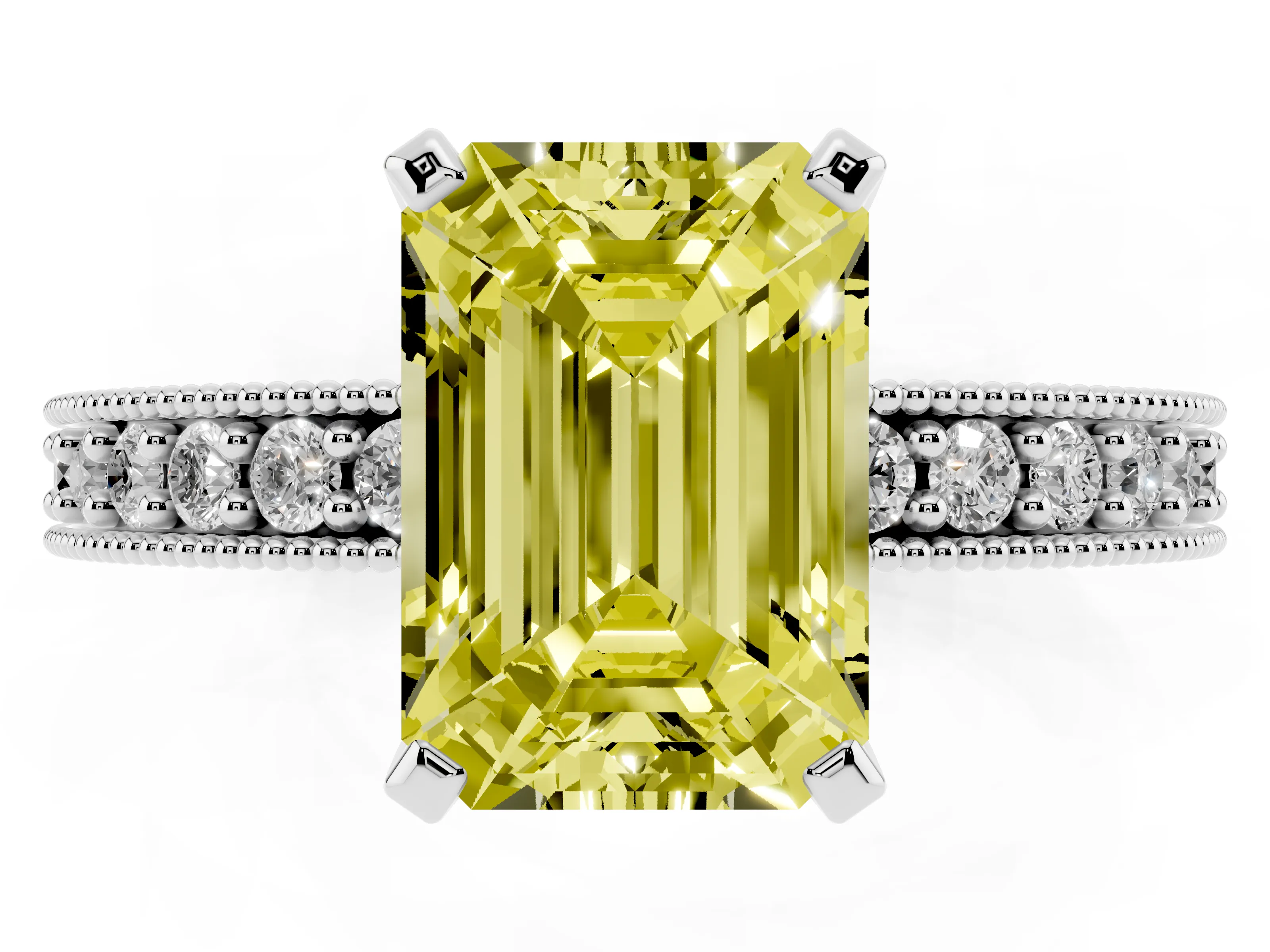 Fancy Yellow Emerald Cut Diamond Milgrain Pavé Engagement Ring Set in Silver with Prong Setting