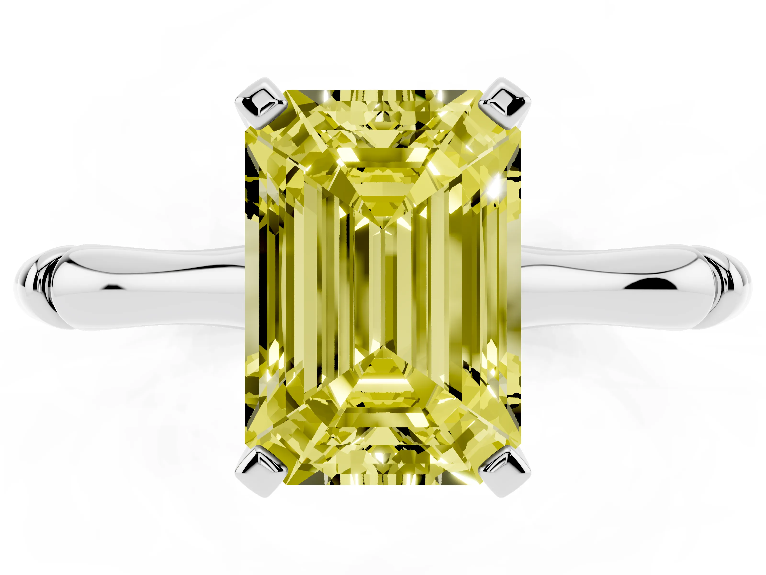 Fancy Yellow Emerald Cut Diamond Solitaire Ring Set in Platinum with Bamboo Band and Prong Setting