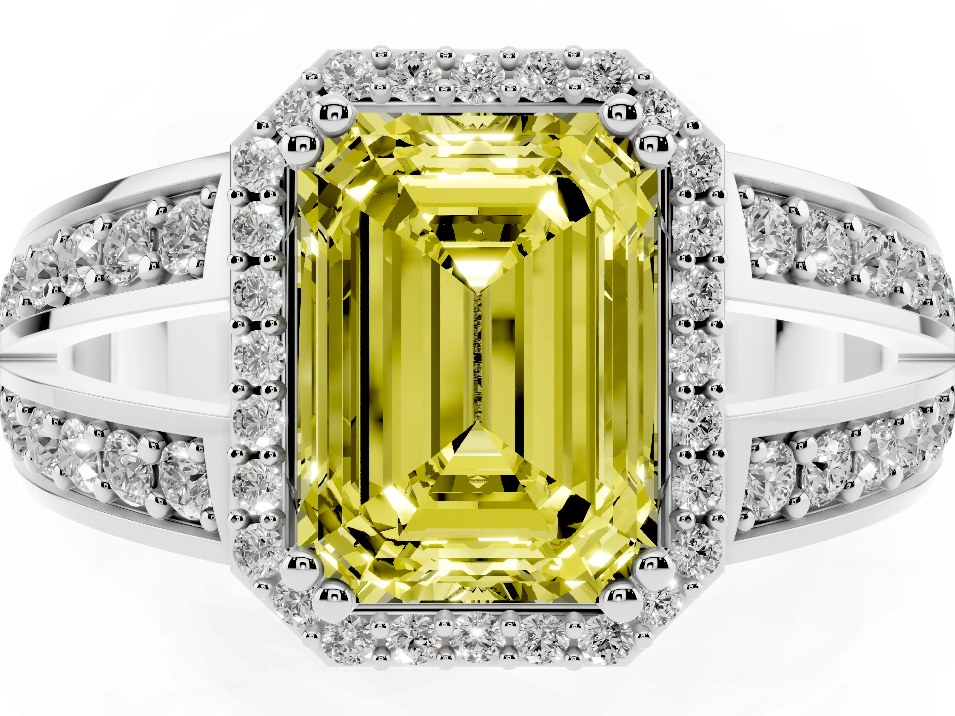 Fancy Yellow Emerald Cut Diamond Halo Ring Set in White gold with Double Pavé Split Shank