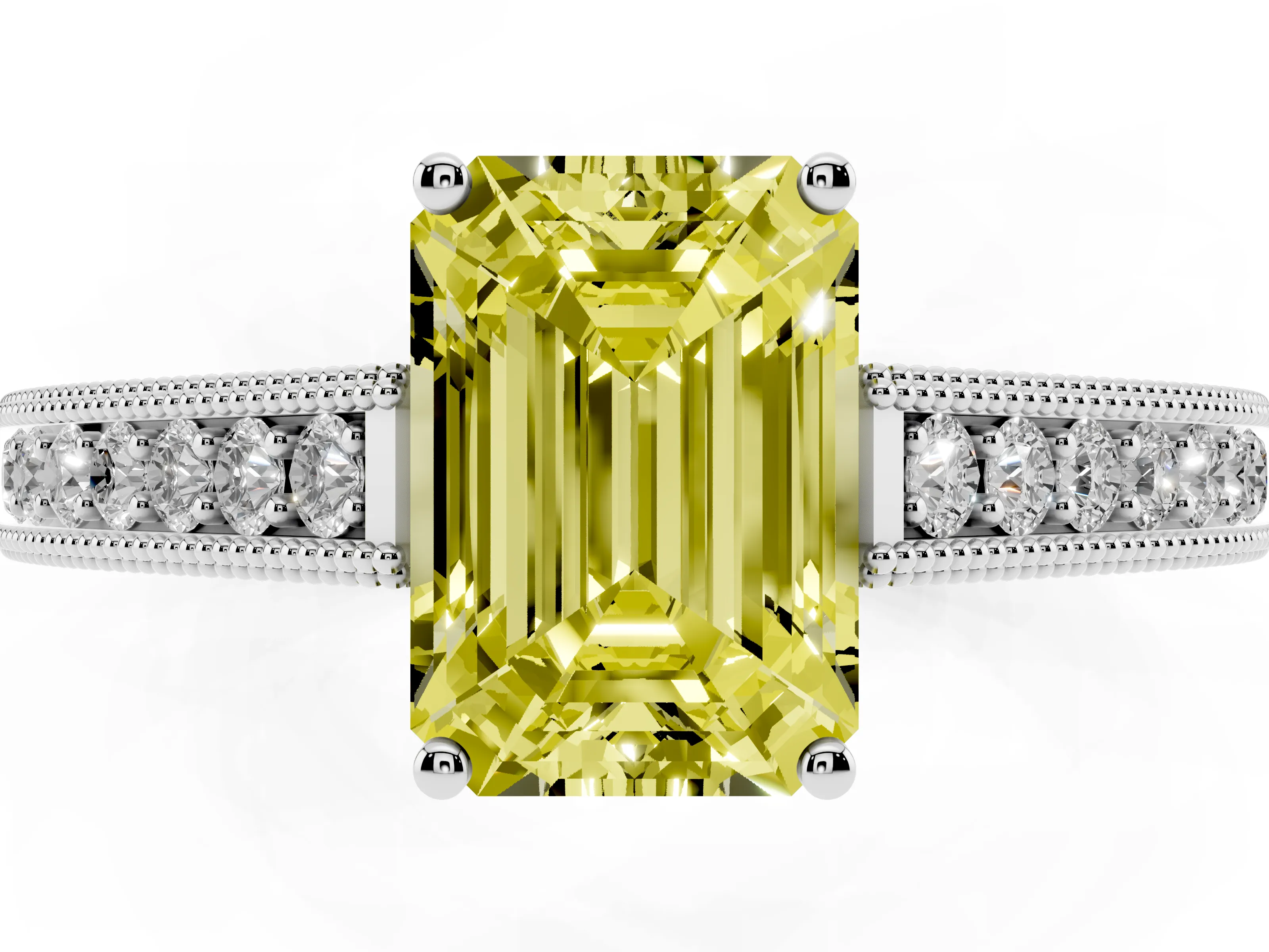 Fancy Yellow Emerald Cut Diamond Milgrain Pavé Band Solitaire Ring Set in Silver with Prong Setting
