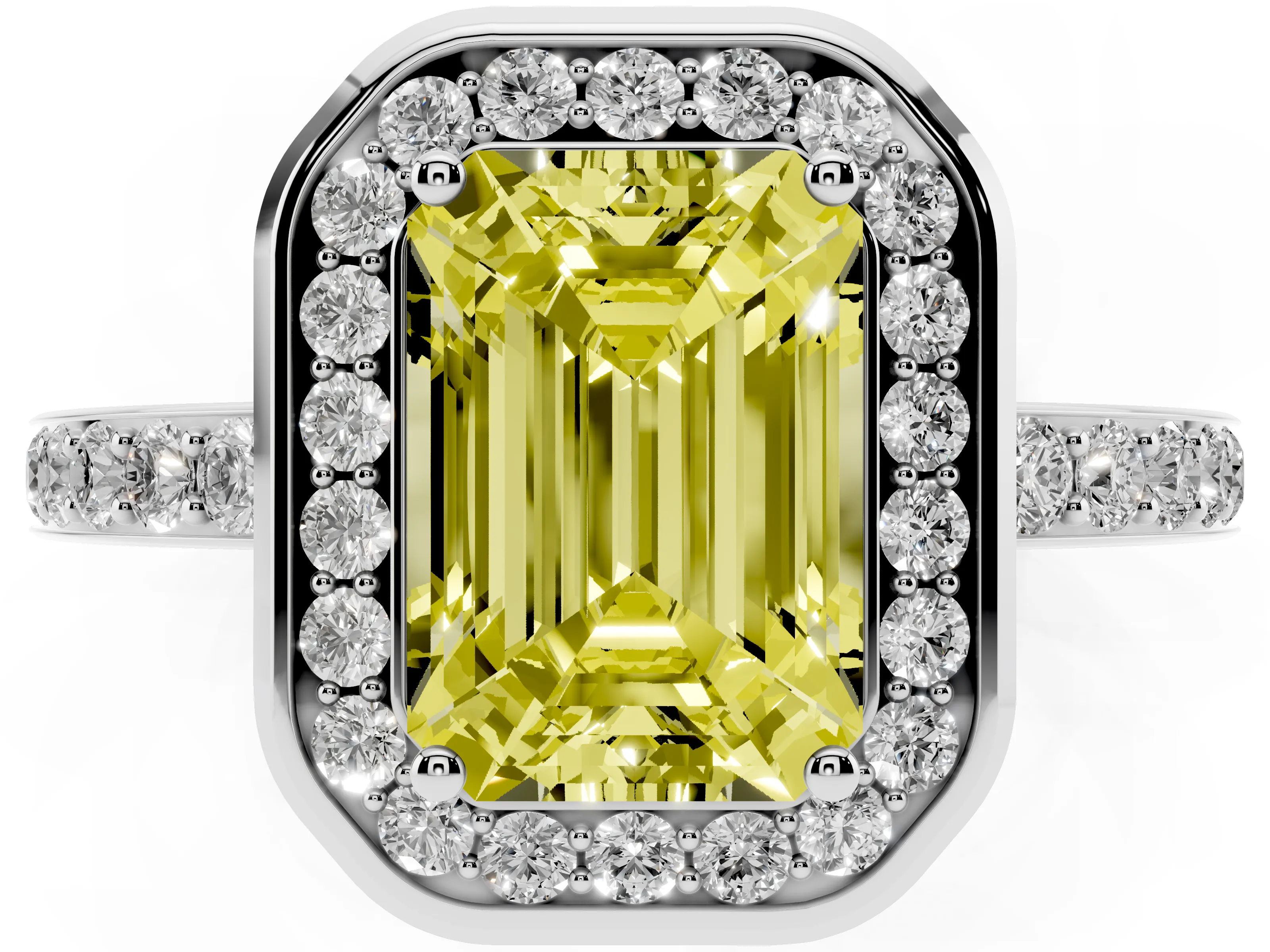 Fancy Yellow Emerald Cut Diamond Halo Ring Set in Silver with Bezel Frame and Pavé Band