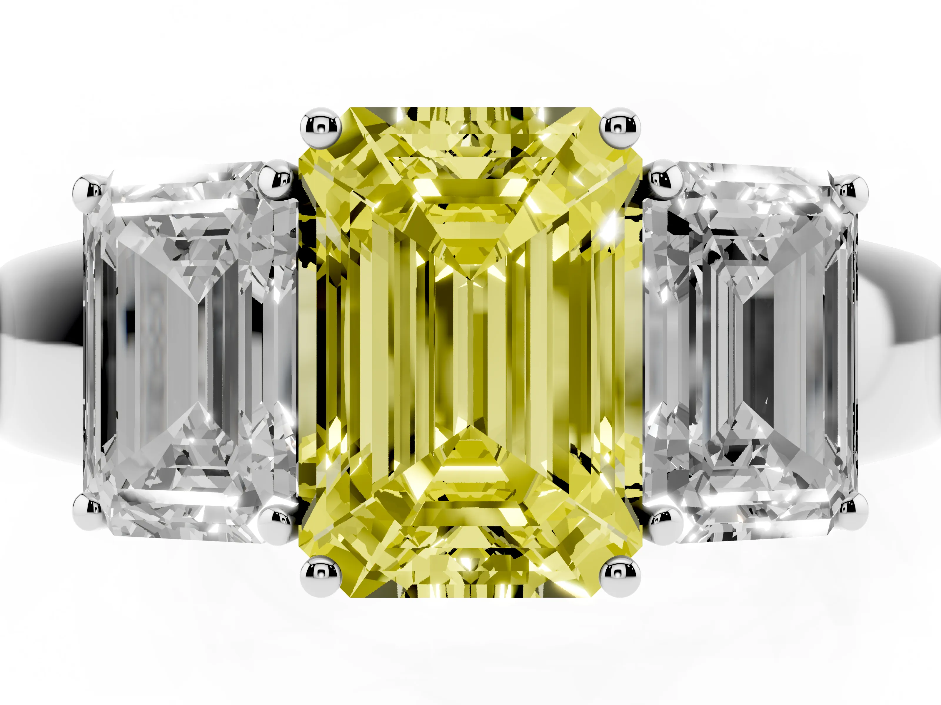 Fancy Yellow Three-Stone Emerald Cut Diamond Ring Set in White gold with Matching Prong Settings and Plain Band