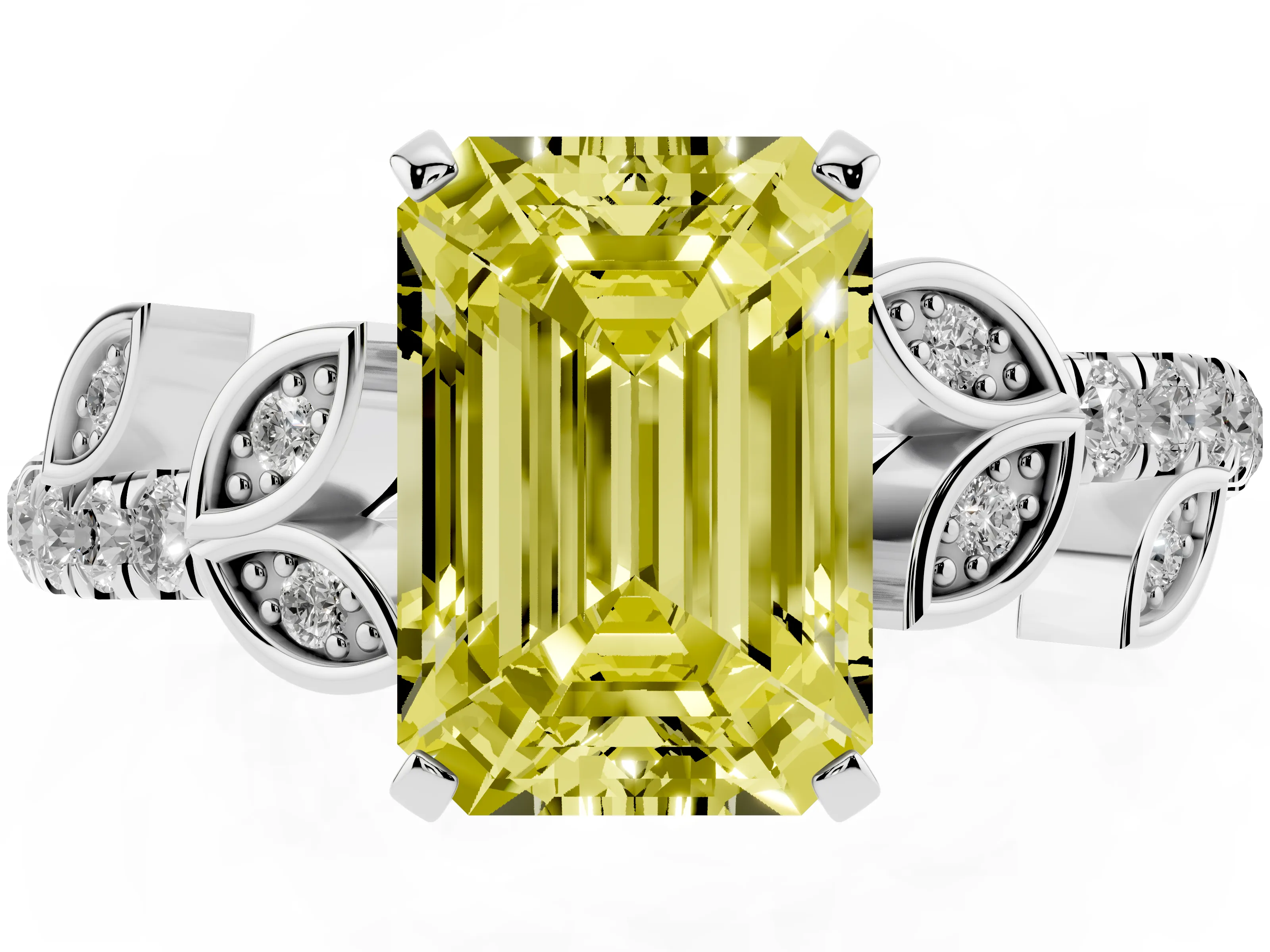Fancy Yellow Emerald Cut Diamond Solitaire Leaf-Inspired Ring Set in Silver with Pavé Band and Prong Setting