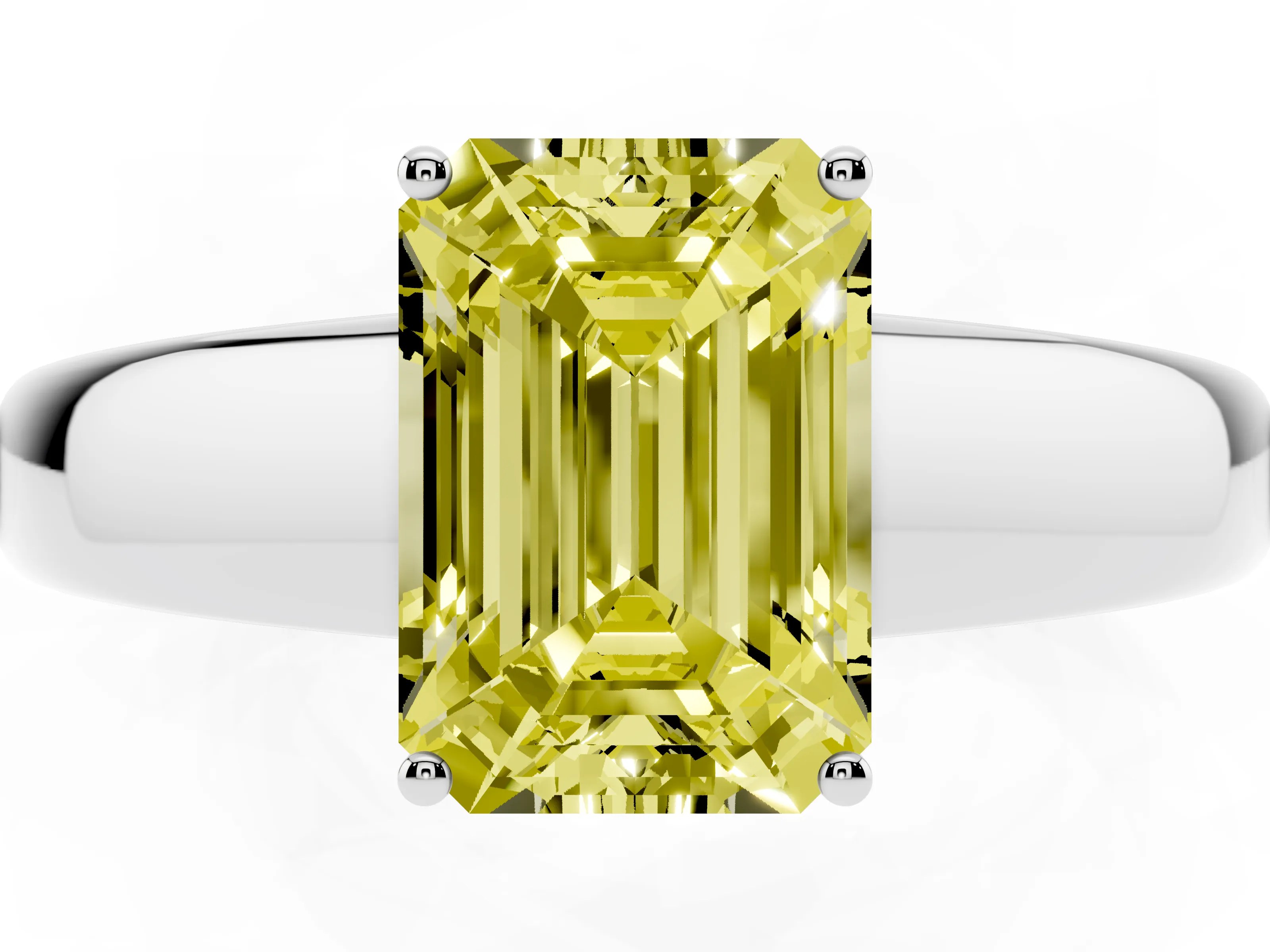 Fancy Yellow Emerald Cut Diamond Solitaire Ring Set in White gold with Tapered Band and Prong Setting