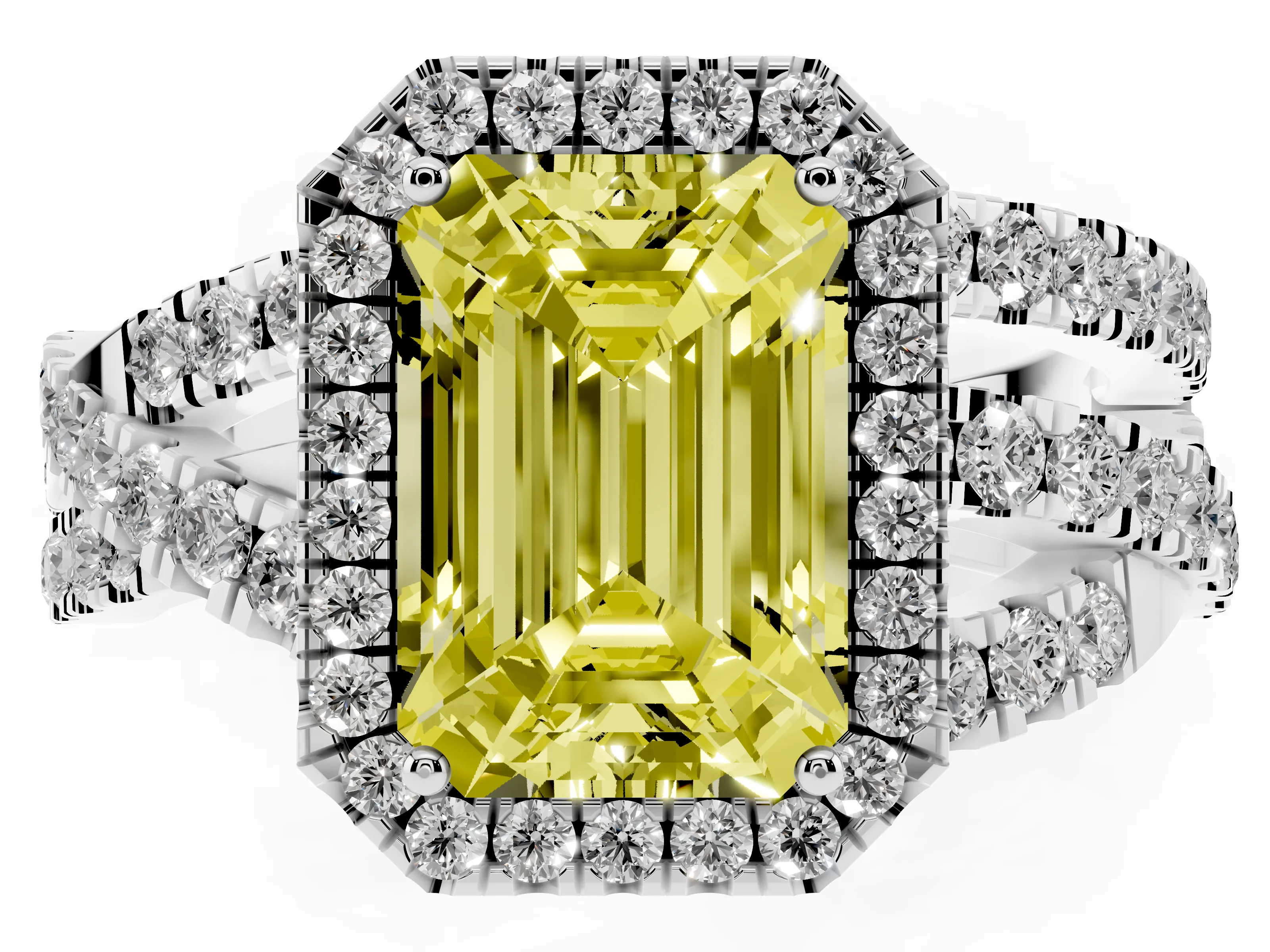 Fancy Yellow Emerald Cut Diamond Halo Ring Set in Platinum with Round Crossover Split Shank and Prong Setting