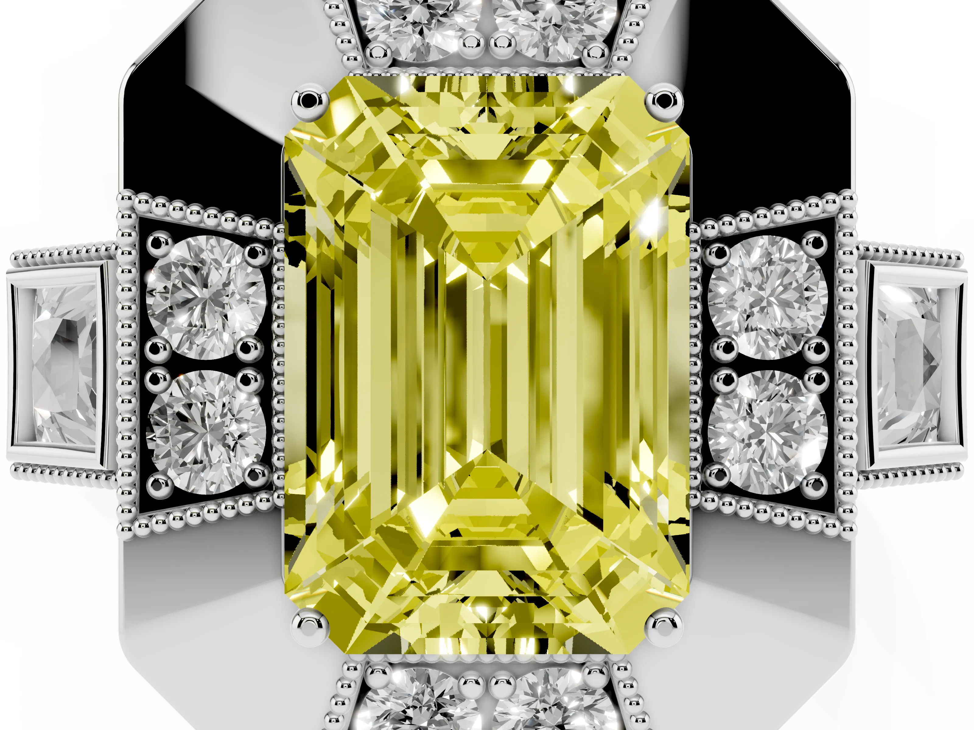 Fancy Yellow Emerald Cut Diamond Milgrain Halo Ring Set in Silver with Split Shank