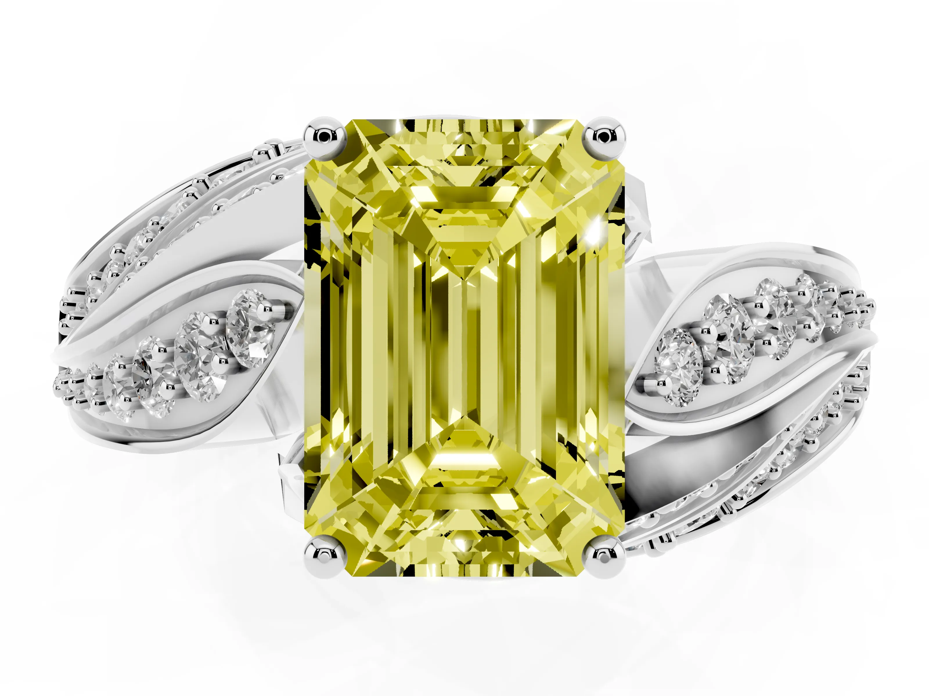 Fancy Yellow Emerald Cut Diamond Solitaire Ring Set in Silver with Layered Twist Pavé Band