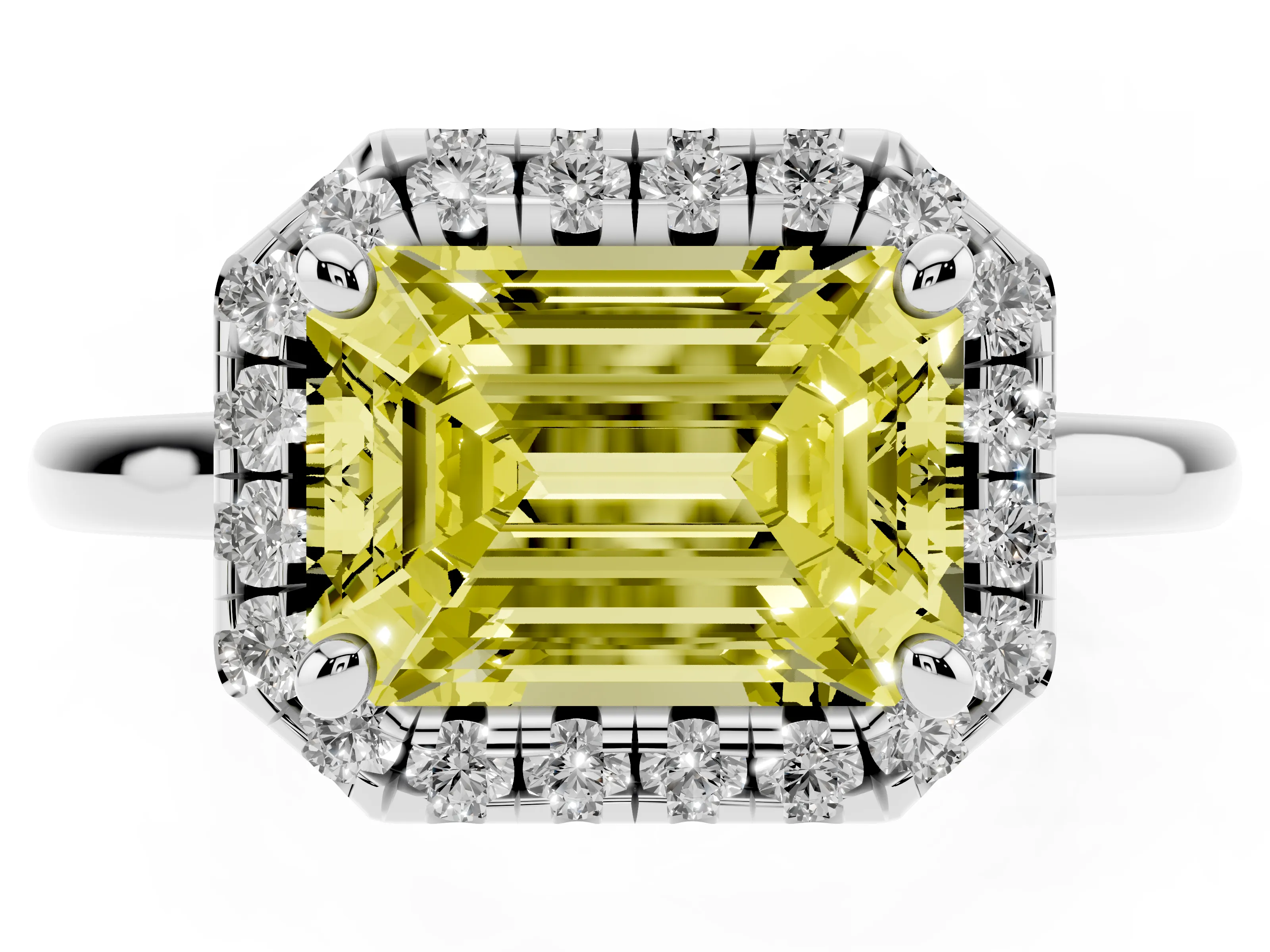 Fancy Yellow Emerald Cut Diamond Halo Engagement Ring Set in White gold with Pavé Band and Rising Shoulders