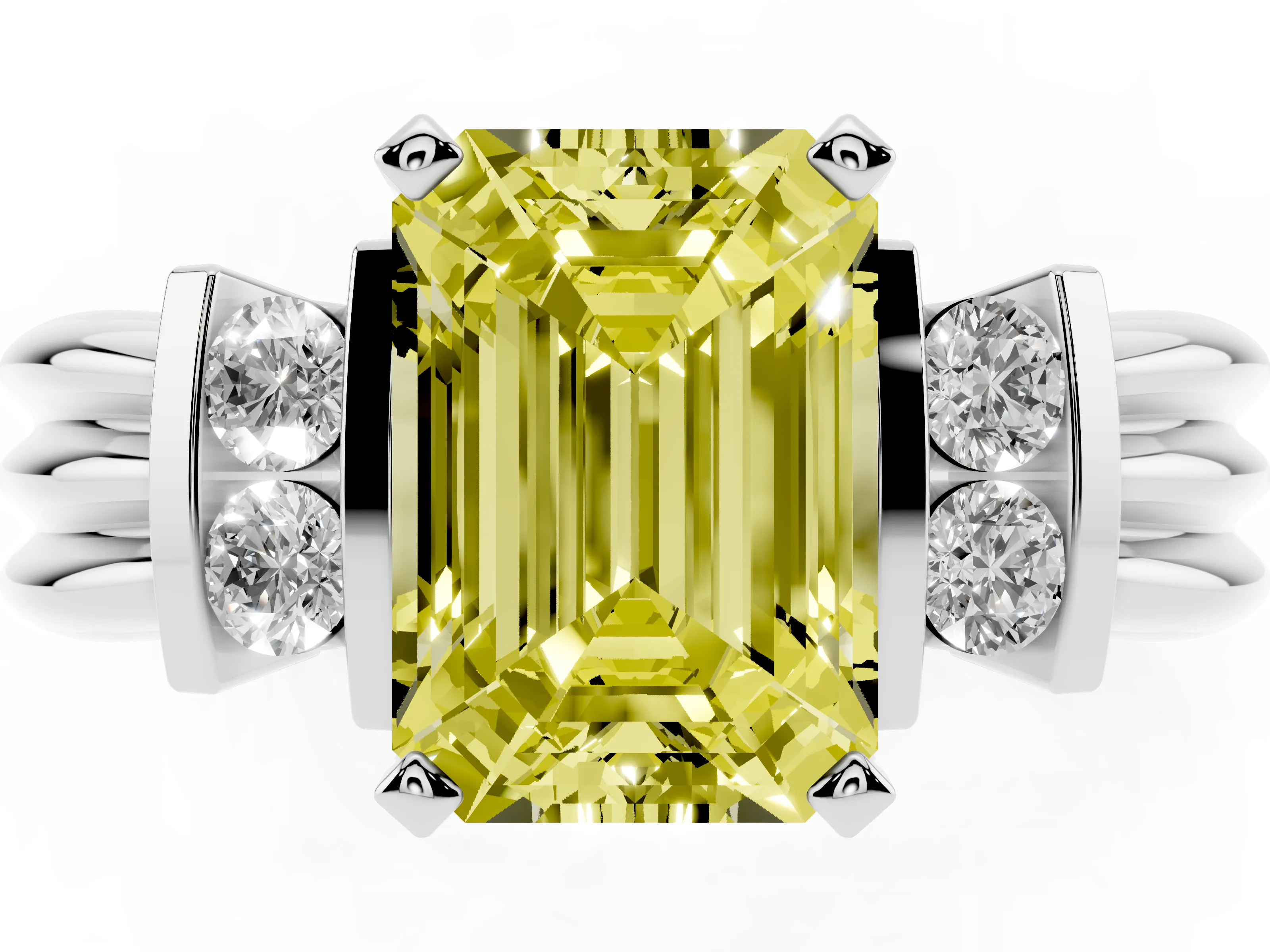 Fancy Yellow Three-Stone Emerald Cut Diamond Channel Set Ring Set in Silver with Bar Prongs