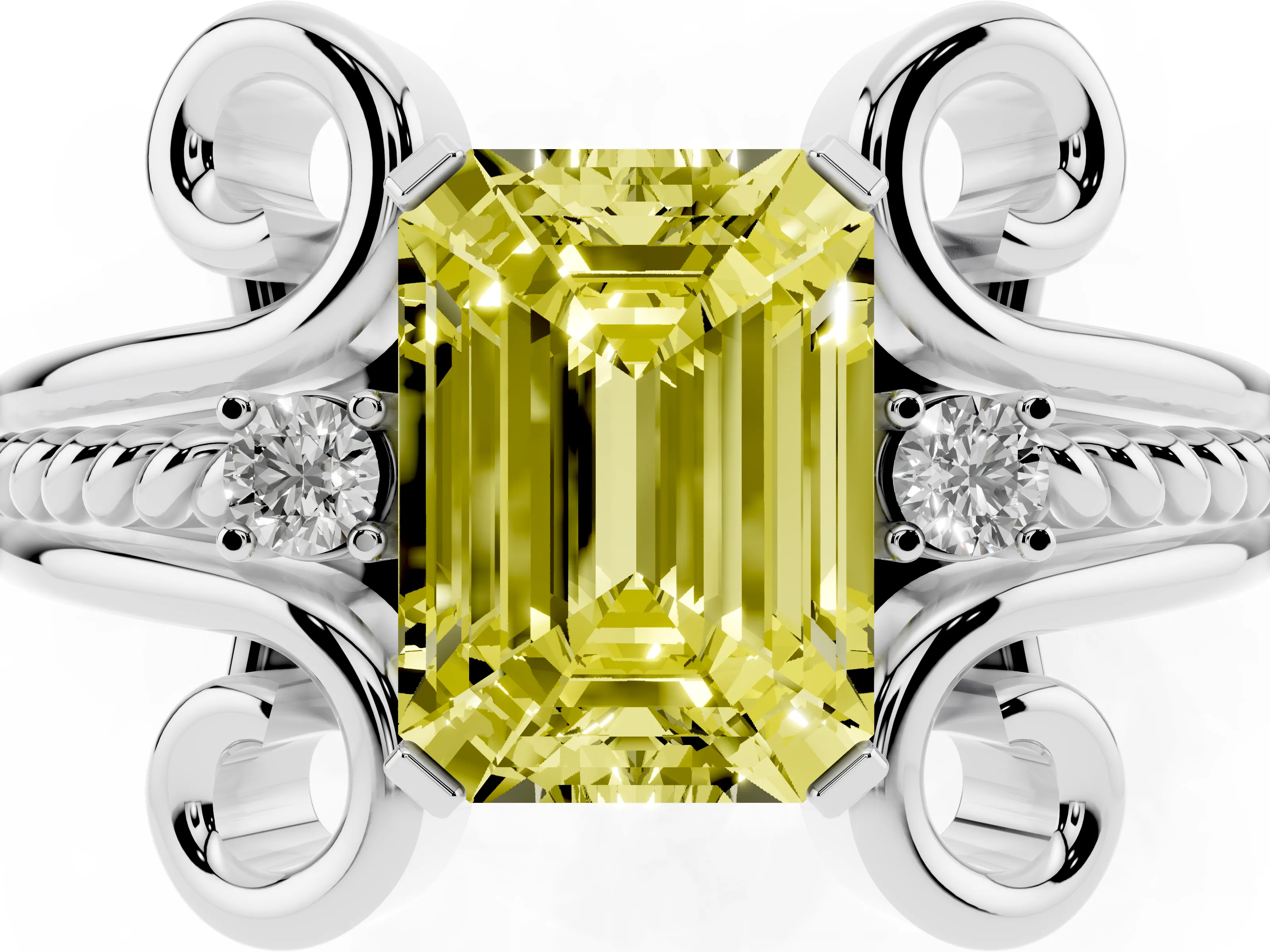 Fancy Yellow Emerald Cut Diamond Twisted Band Solitaire Ring Set in Platinum with Scroll Prongs