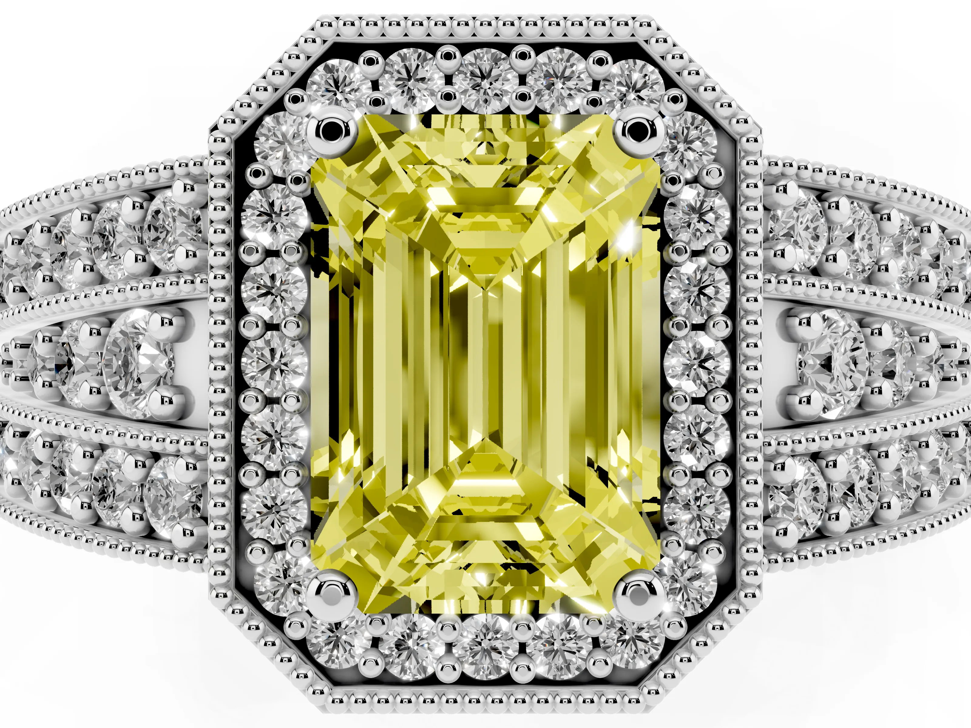 Fancy Yellow Emerald Cut Diamond Halo Ring Set in Platinum with Accent Split Shank and Prong Setting