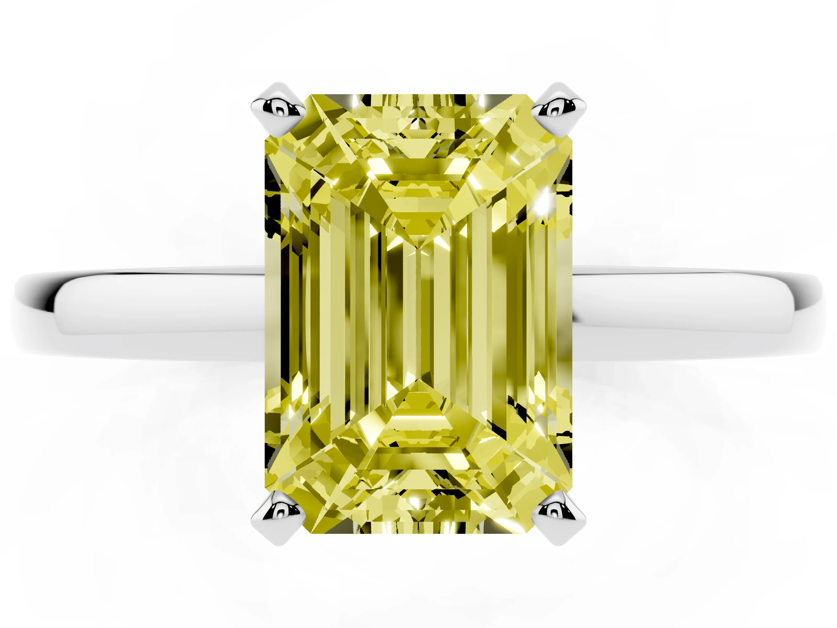 Fancy Yellow Emerald Cut Diamond Solitaire Engagement Ring Set in Platinum with Prong Setting on a Classic Band