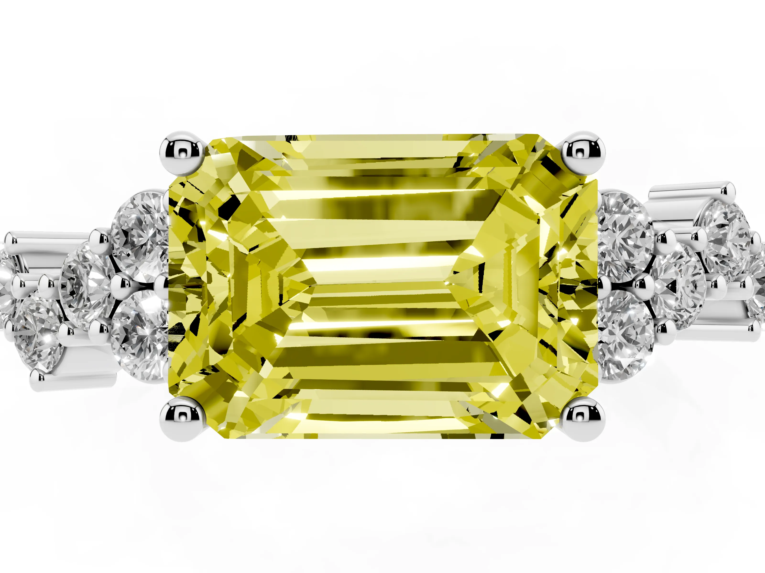Fancy Yellow Emerald Cut Diamond Ring Set in Silver with Scattered Round Accents