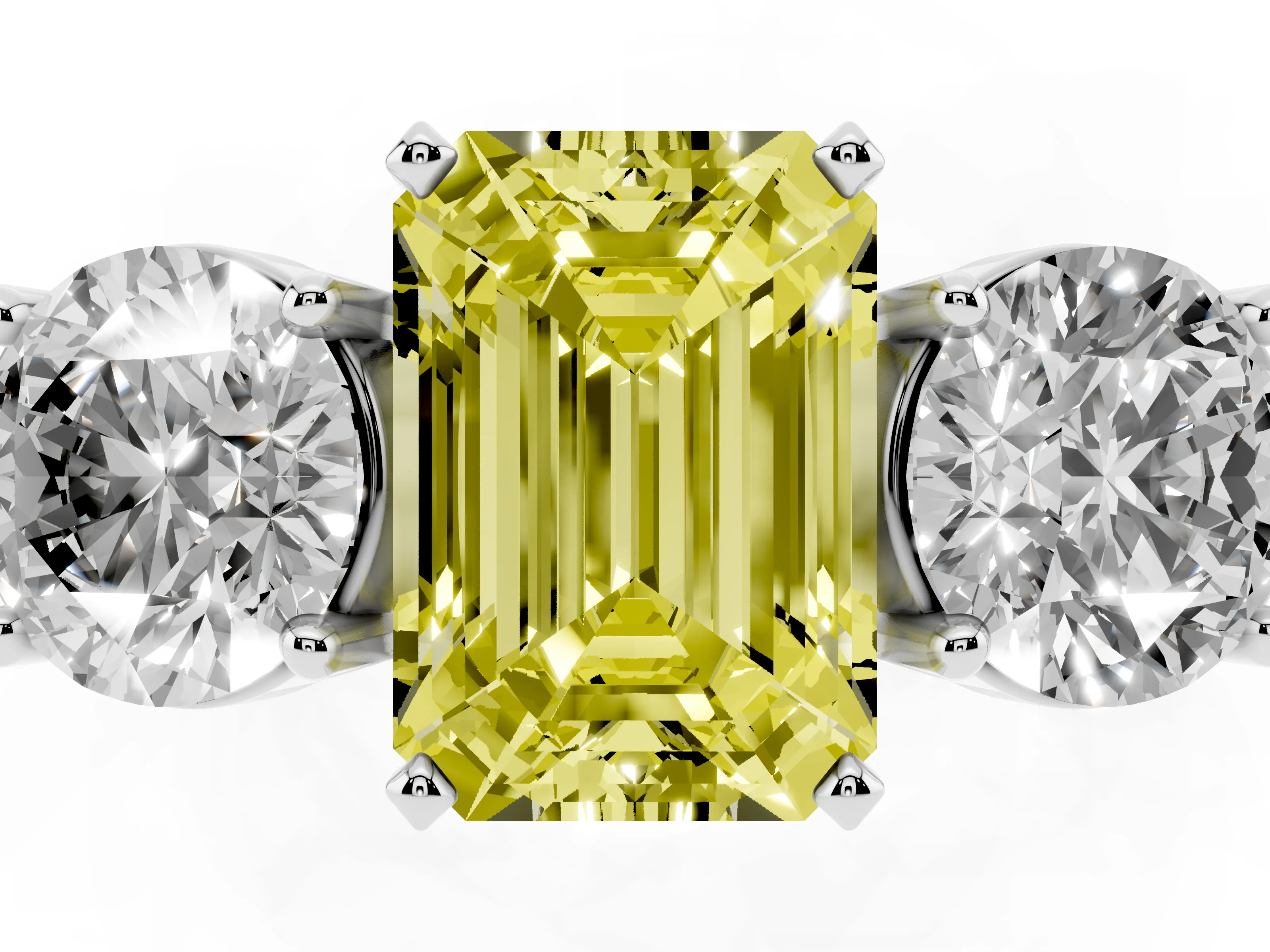 Fancy Yellow Emerald Cut Diamond Three-Stone Ring Set in White gold with Round Side Stones and Classic Band