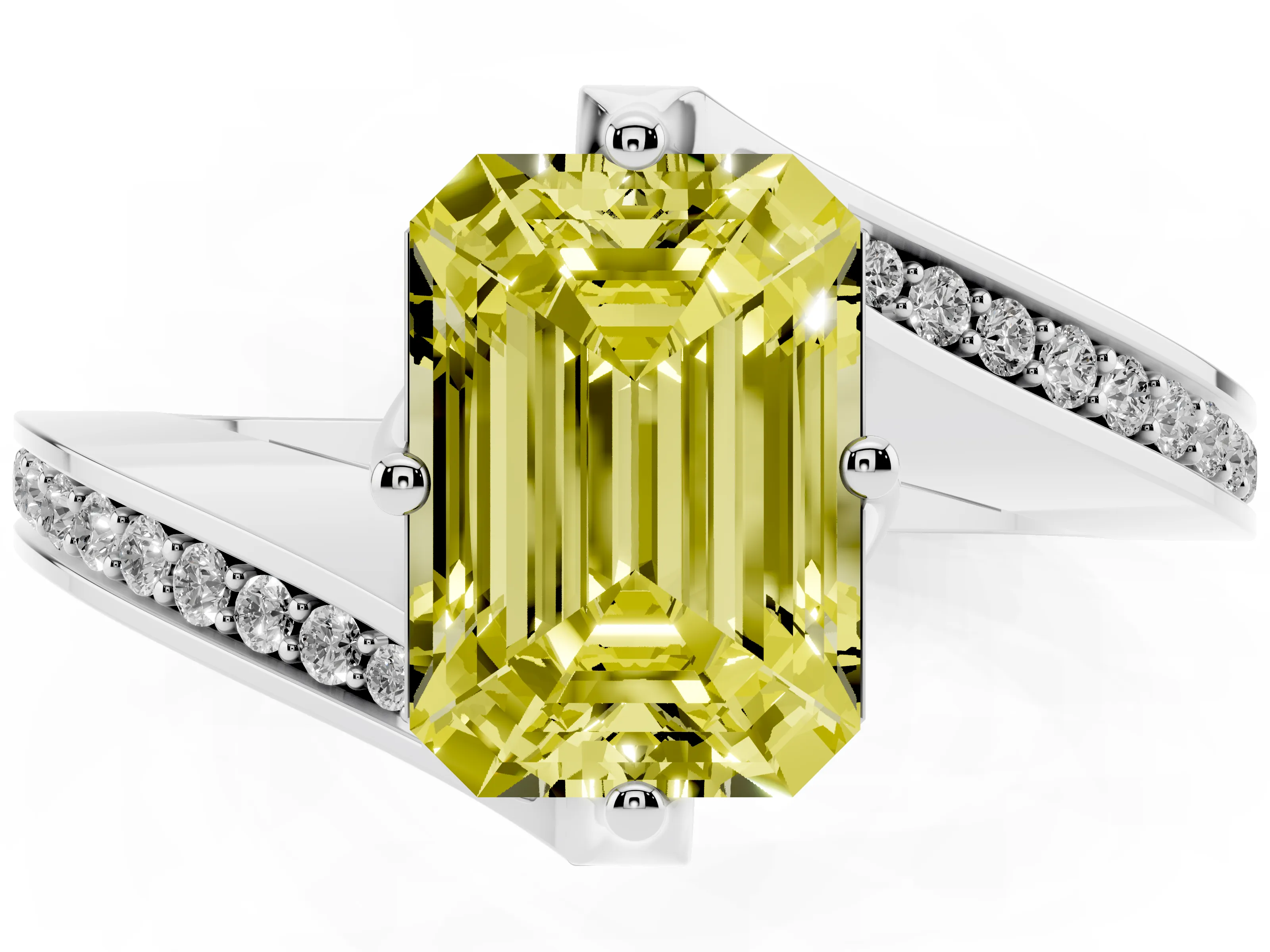 Fancy Yellow Emerald Cut Diamond Solitaire Ring Set in Silver with Intertwined Pavé Twist Band