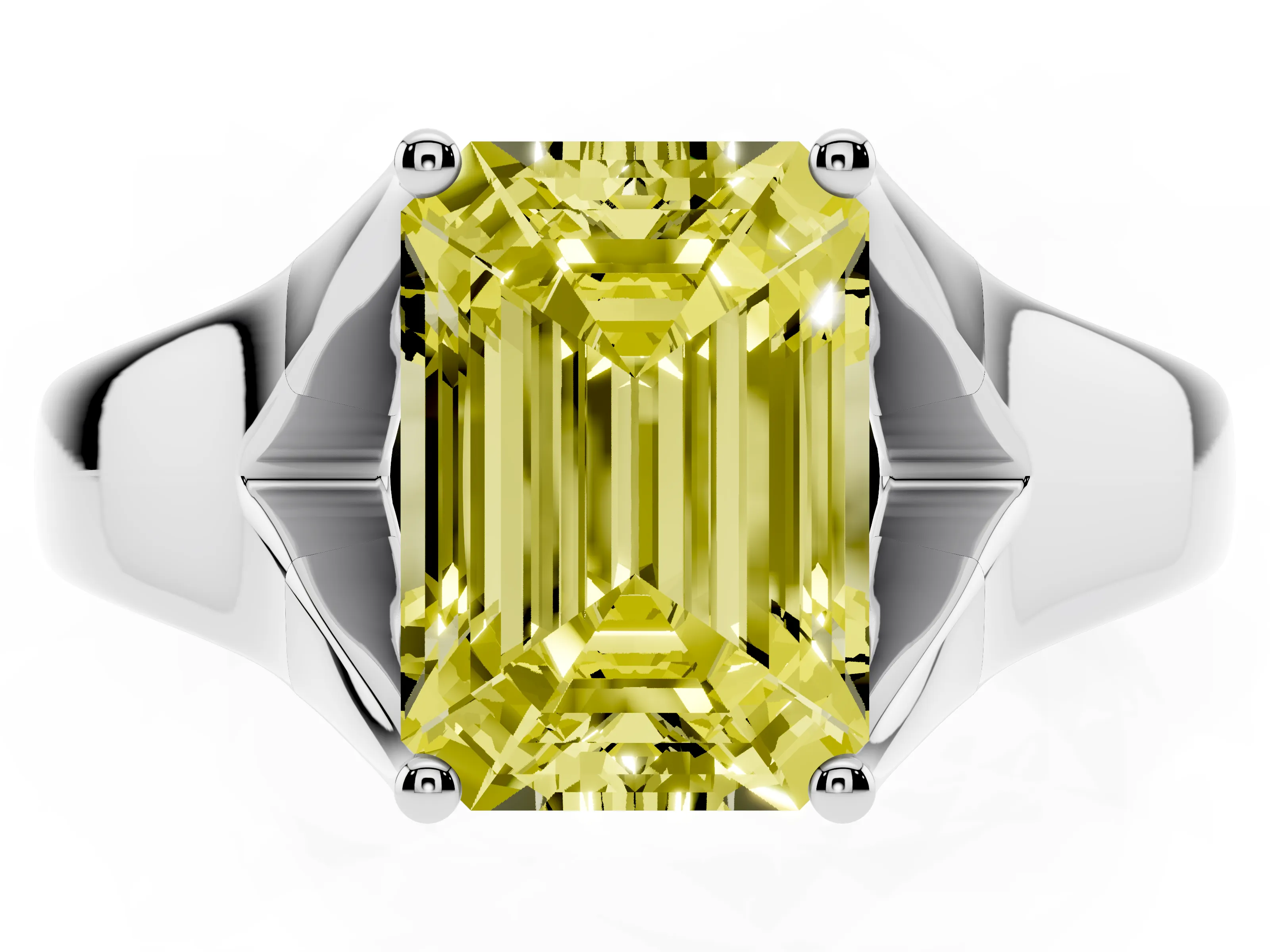 Fancy Yellow Emerald Cut Diamond Solitaire Ring Set in White gold with Arched Cathedral Band and Prong Setting