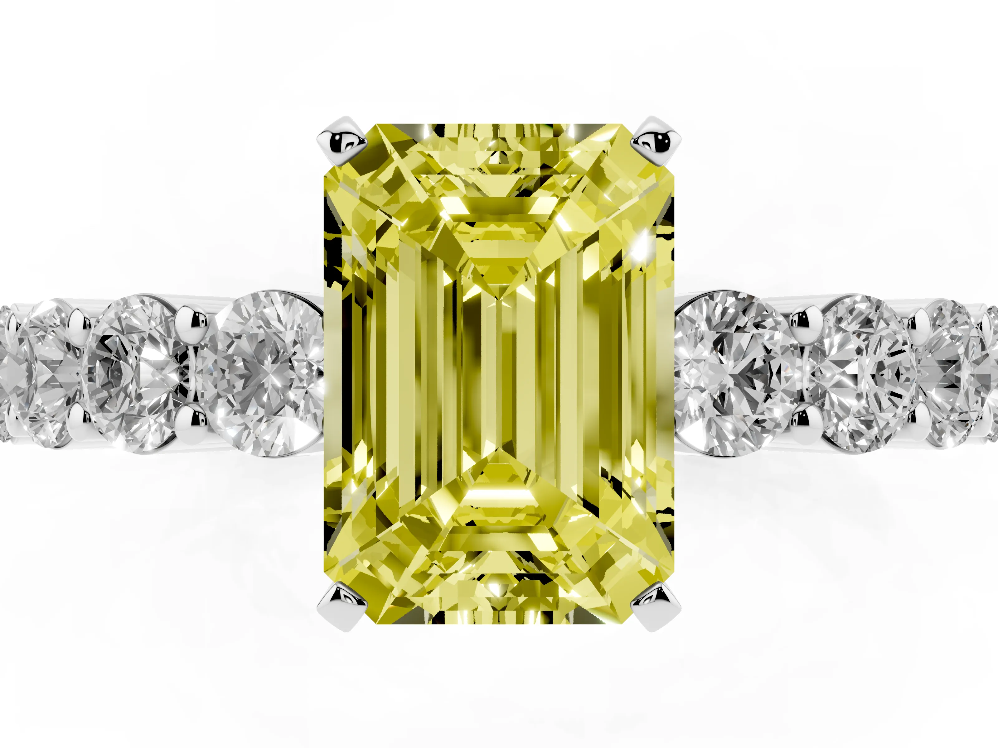 Fancy Yellow Emerald Cut Diamond Solitaire Ring Set in White gold with Shared Prong Round Side Stones