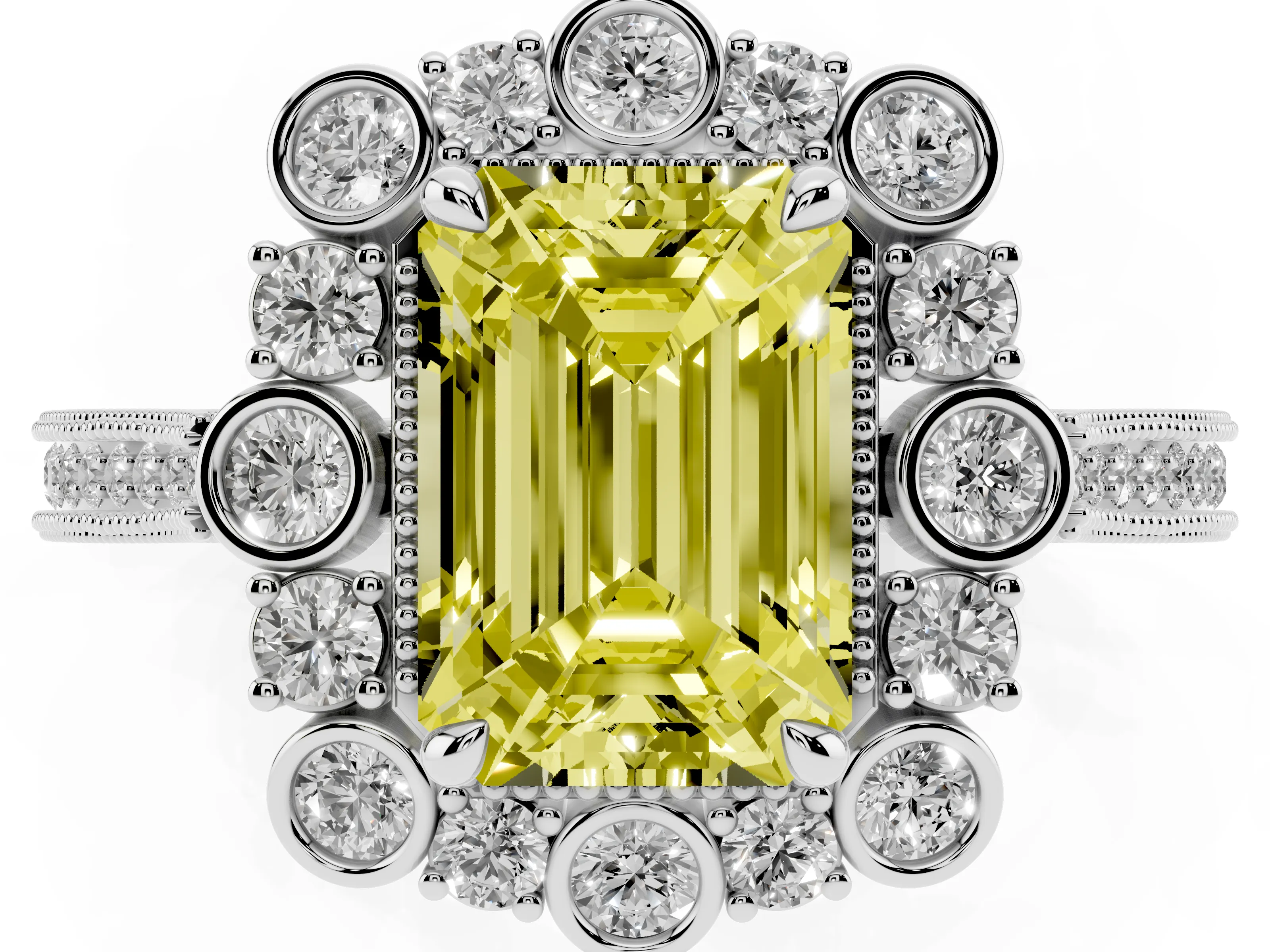 Fancy Yellow Emerald Cut Diamond Halo Milgrain Pavé Ring Set in White gold with Prong Setting