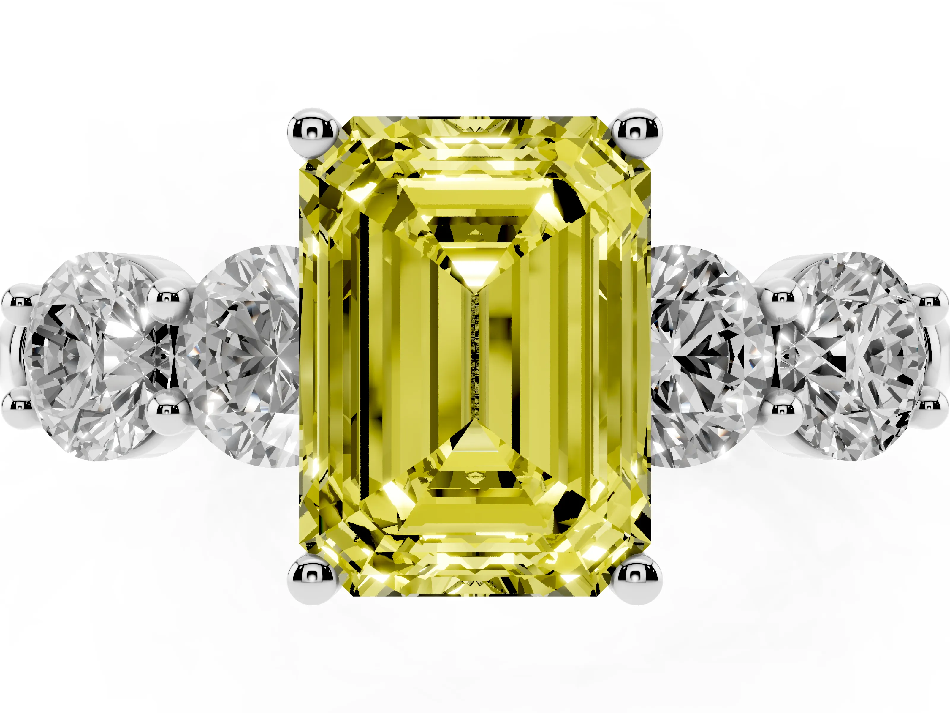 Fancy Yellow Emerald Cut Diamond Five-Stone Prong Set Ring Set in Silver with Classic Band