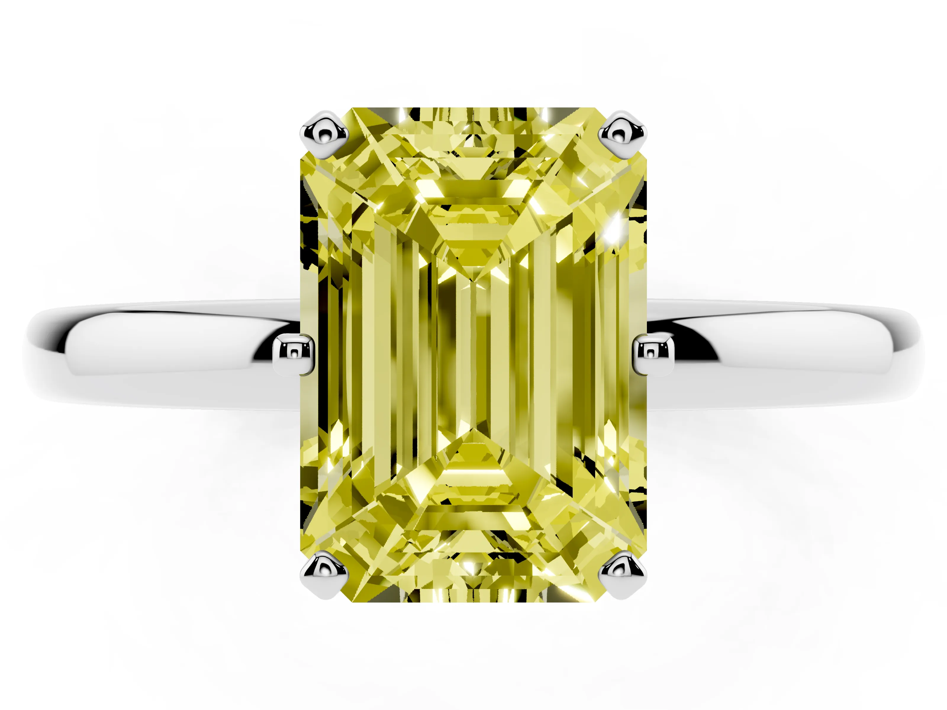 Fancy Yellow Emerald Cut Diamond Solitaire Ring Set in Platinum with Raised Prong Setting on a Classic Band