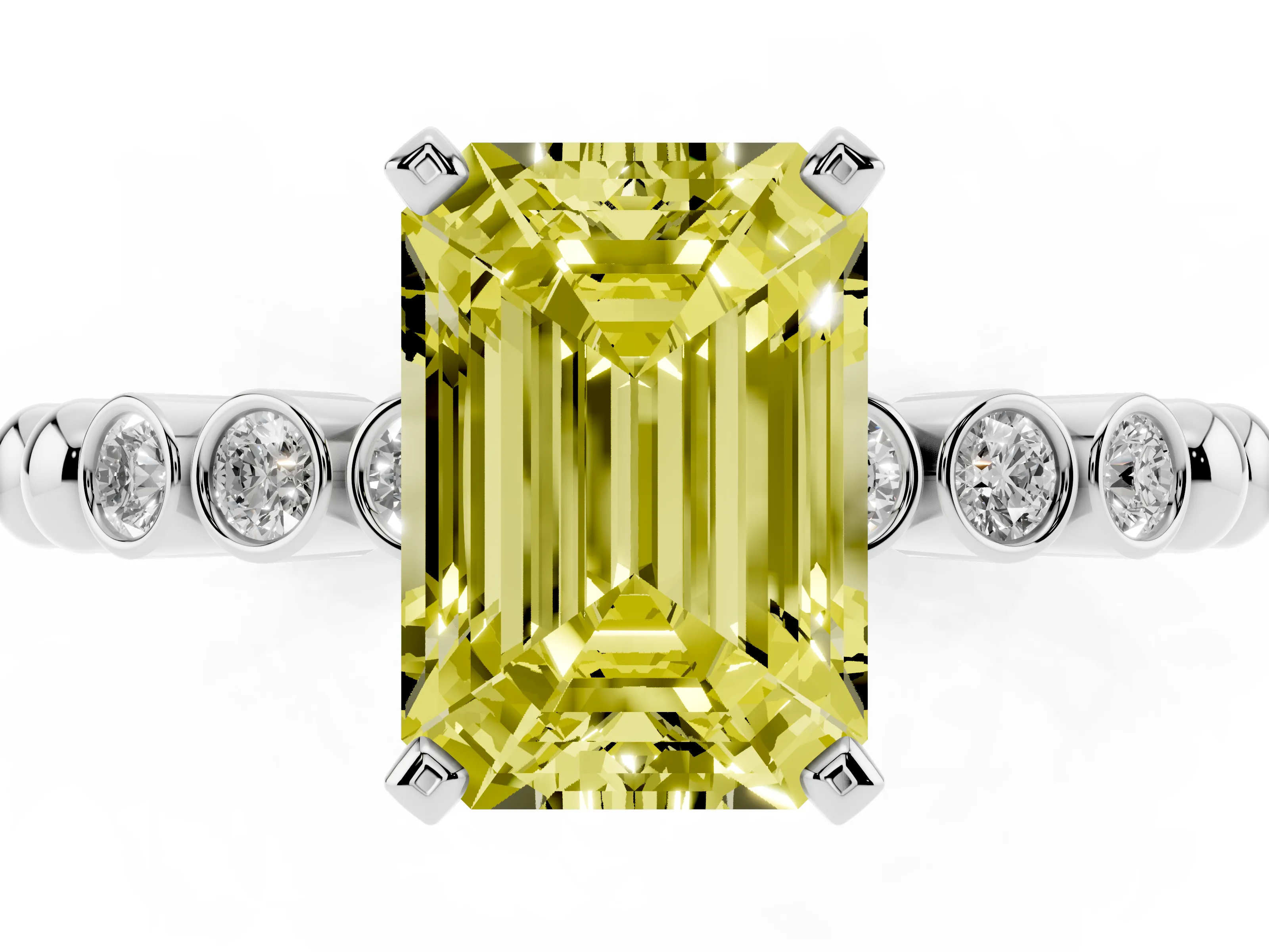 Fancy Yellow Emerald Cut Diamond Solitaire Engagement Ring Set in Silver with Bezel Accents on Beaded Band