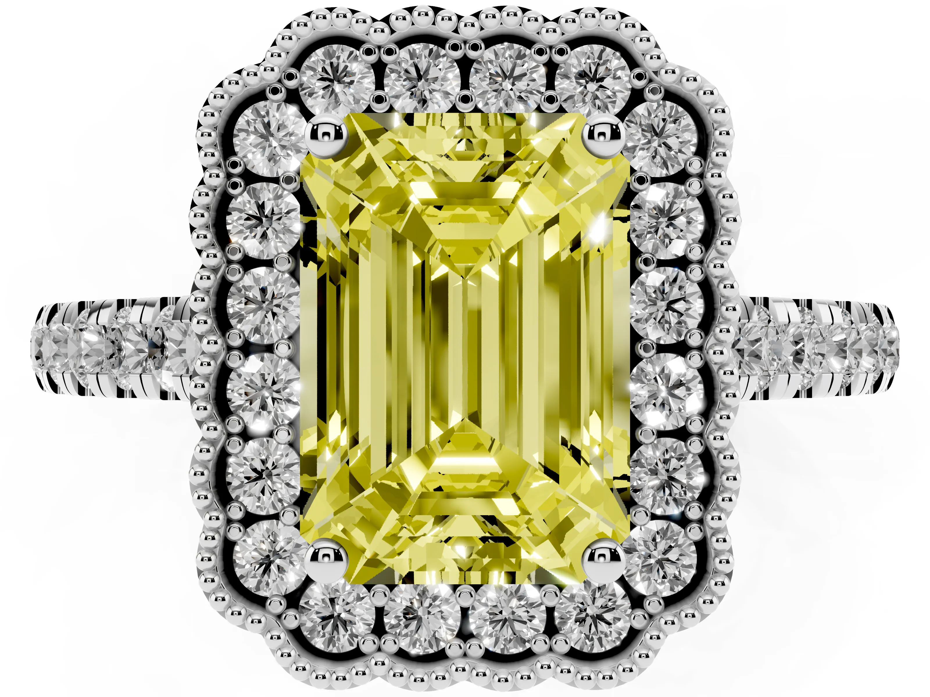 Fancy Yellow Emerald Cut Diamond Milgrain Floral Halo Engagement Ring Set in Silver with Pavé Band