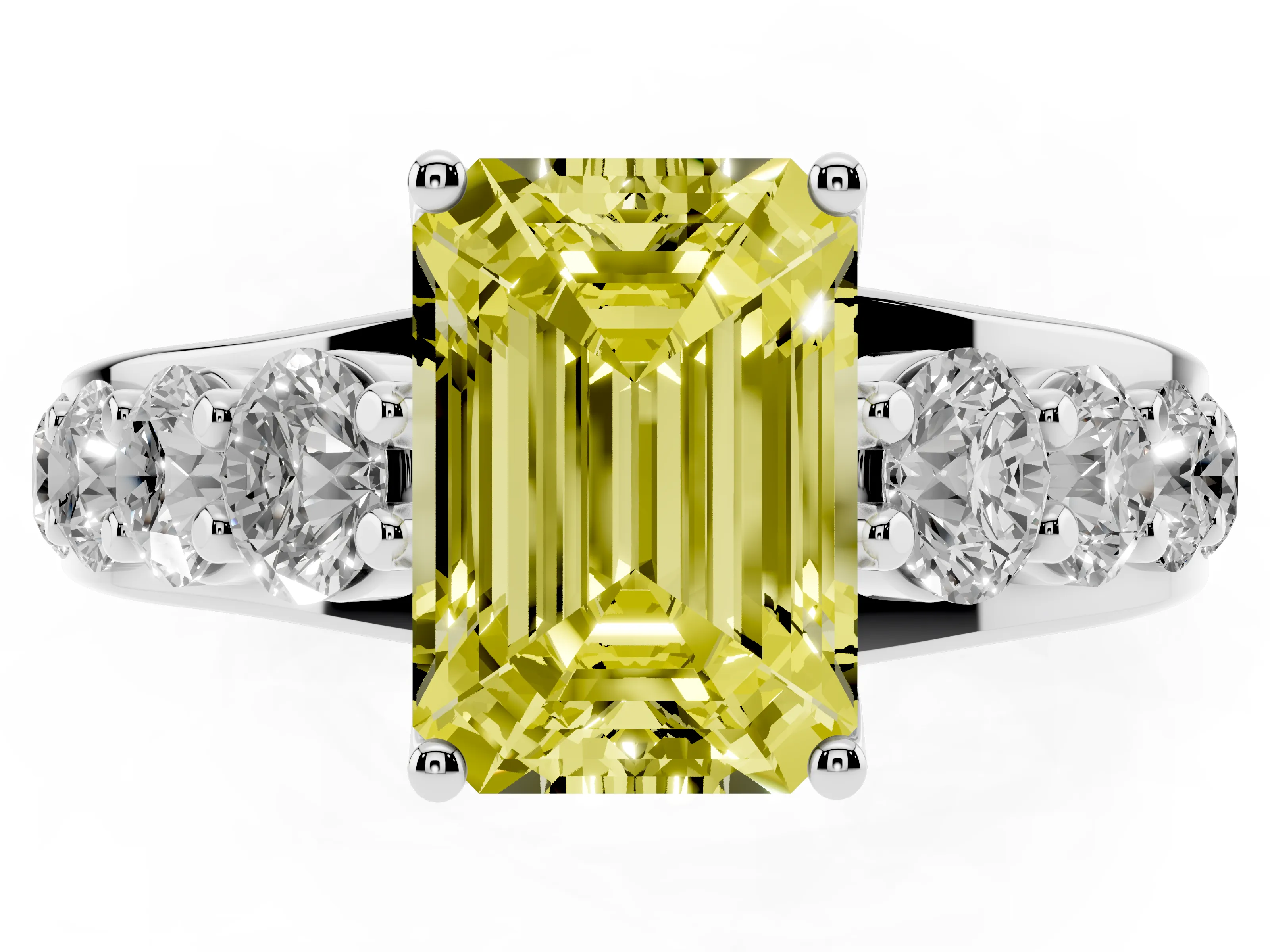 Fancy Yellow Emerald Cut Diamond Pavé Engagement Ring Set in Platinum with Prong Setting