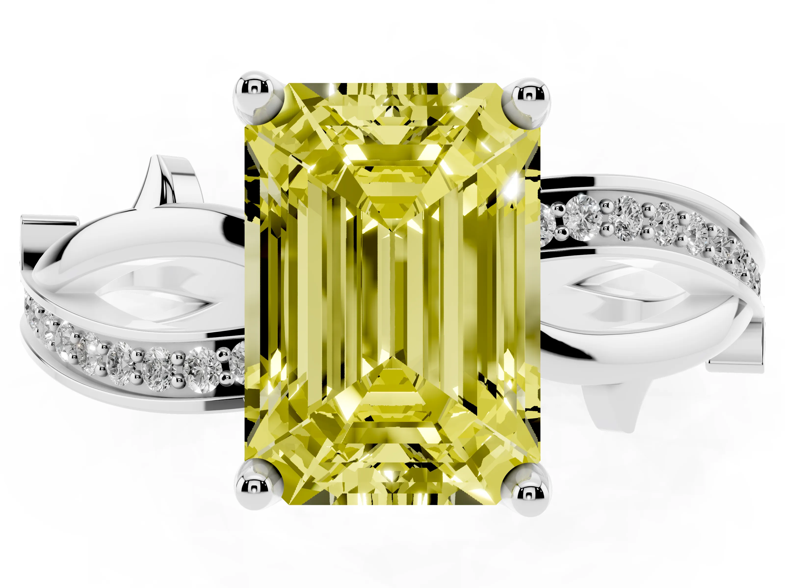 Fancy Yellow Emerald Cut Diamond Pavé Twist Band Solitaire Ring Set in Platinum with Prong Setting