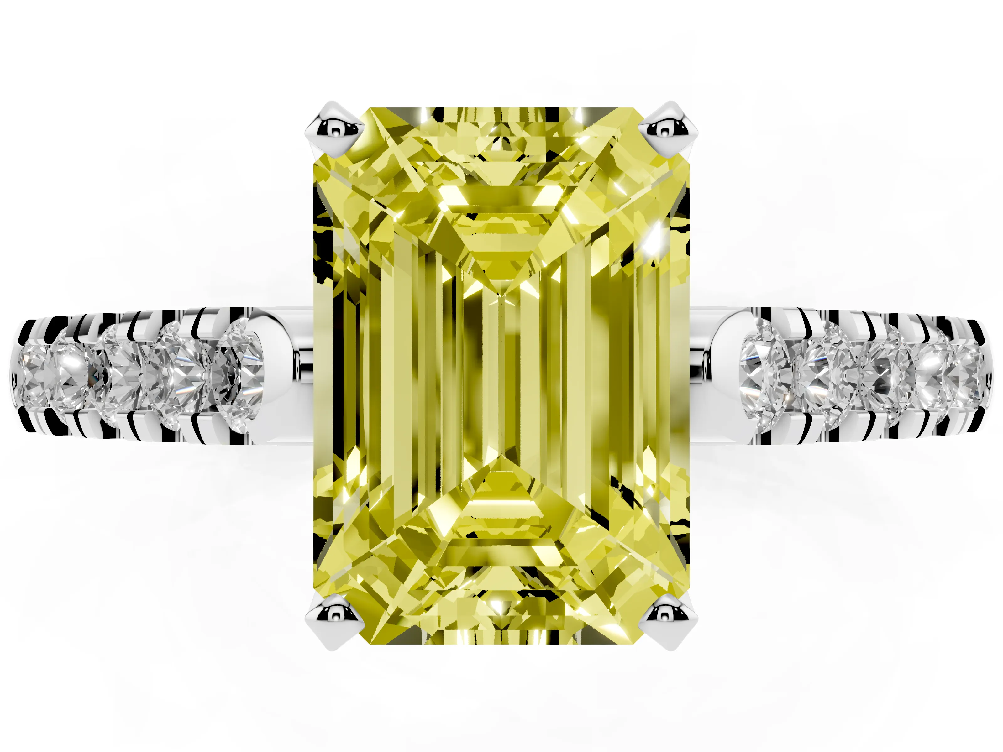 Fancy Yellow Emerald Cut Diamond Pavé Band Solitaire Ring Set in White gold with Partway Accent Stones and Prong Setting