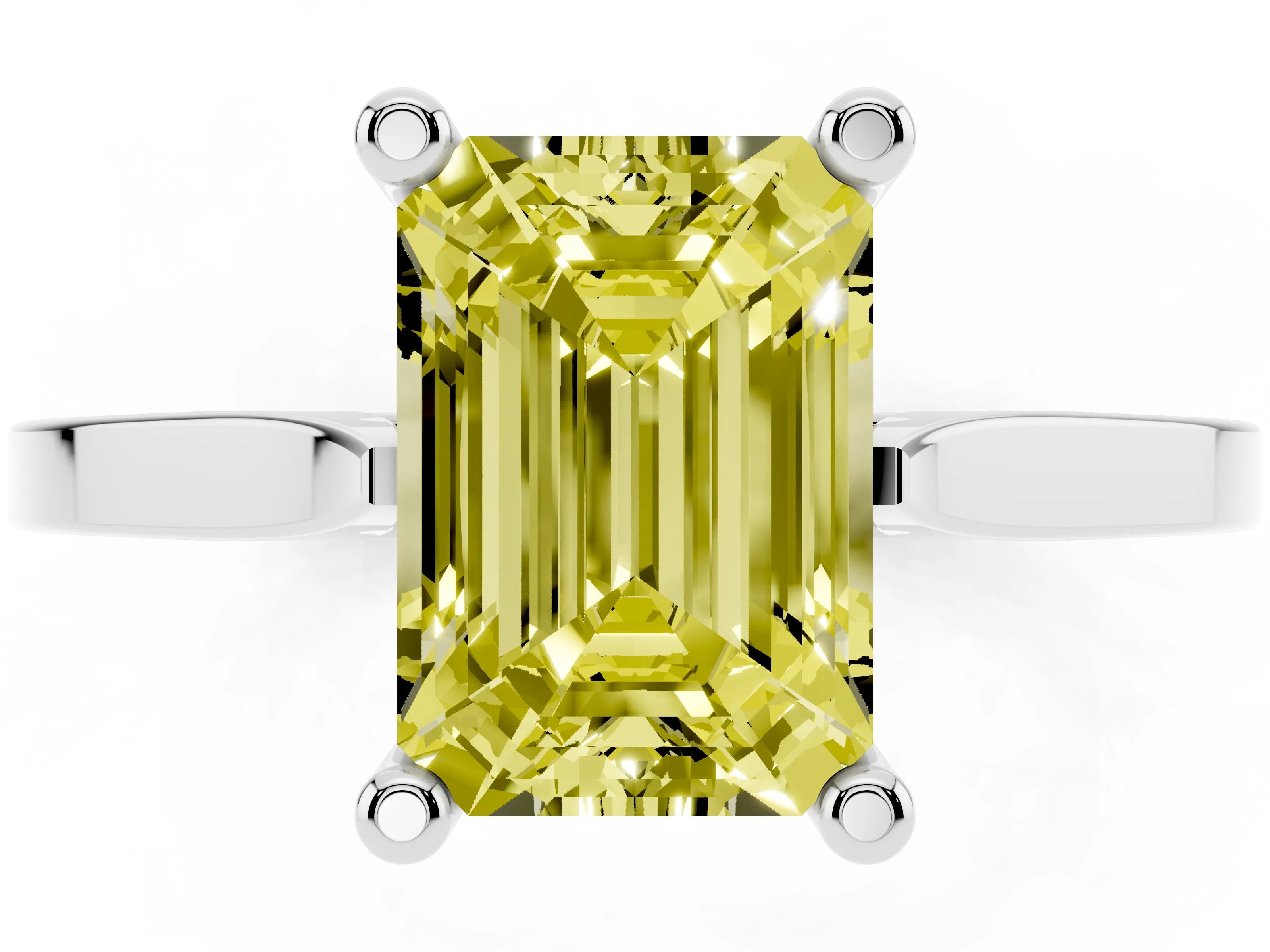 Fancy Yellow Emerald Cut Diamond Solitaire Ring Set in Silver with Prong Setting and Tapered Band