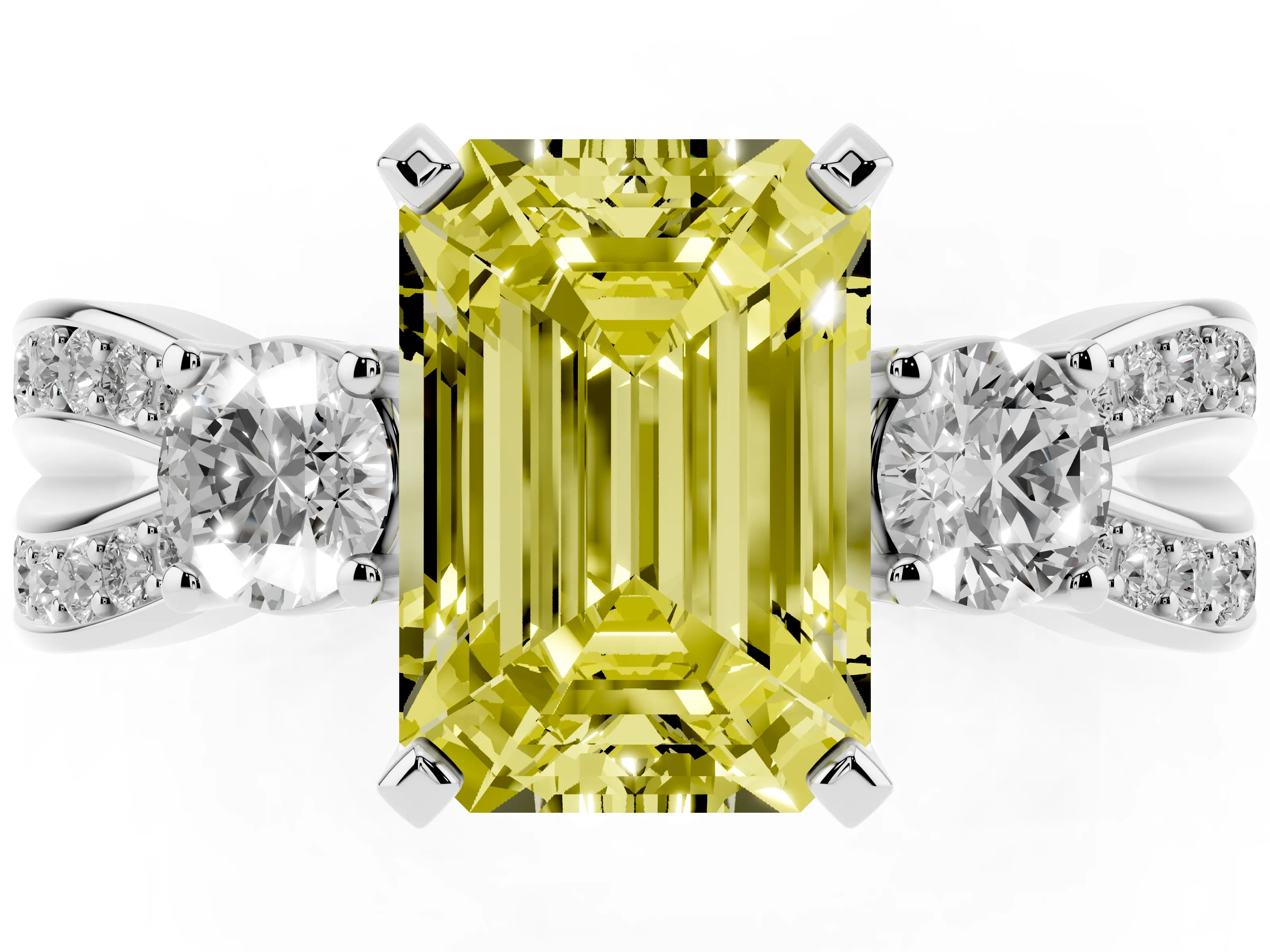 Fancy Yellow Three-Stone Emerald Cut Diamond Twist Band Ring Set in Platinum with Pavé Accents and Prong Setting