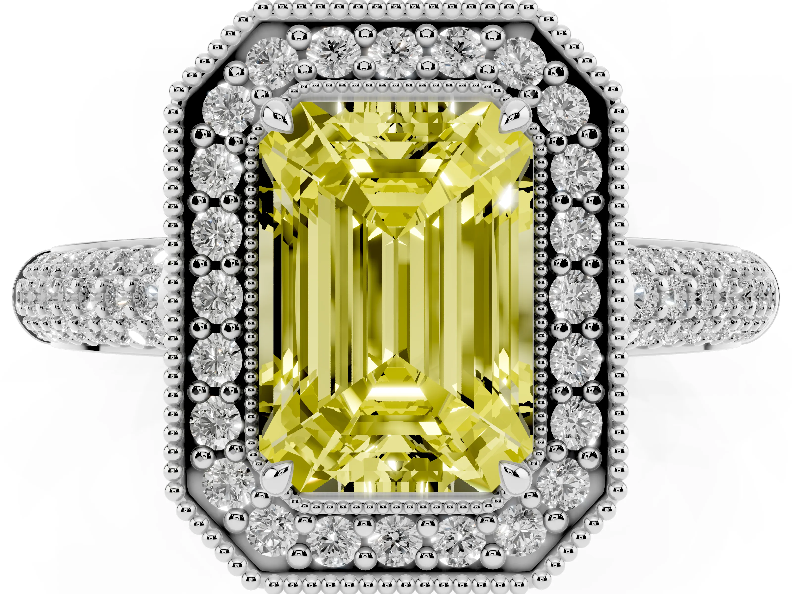Fancy Yellow Emerald Cut Diamond Halo Pavé Band Set in Platinum with Prong Setting