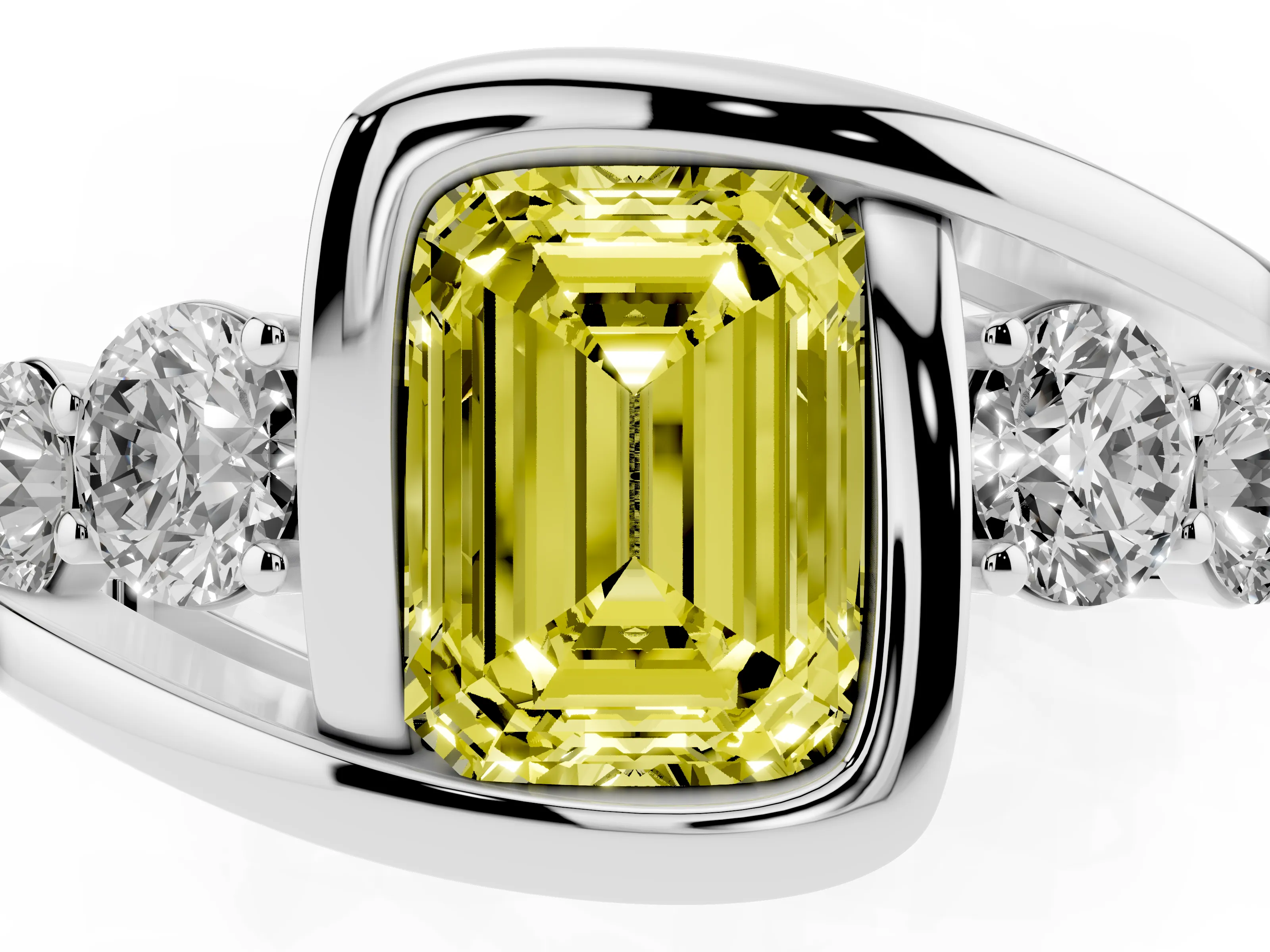 Fancy Yellow Emerald Cut Diamond Bezel Bypass Ring Set in Silver with Round Accents