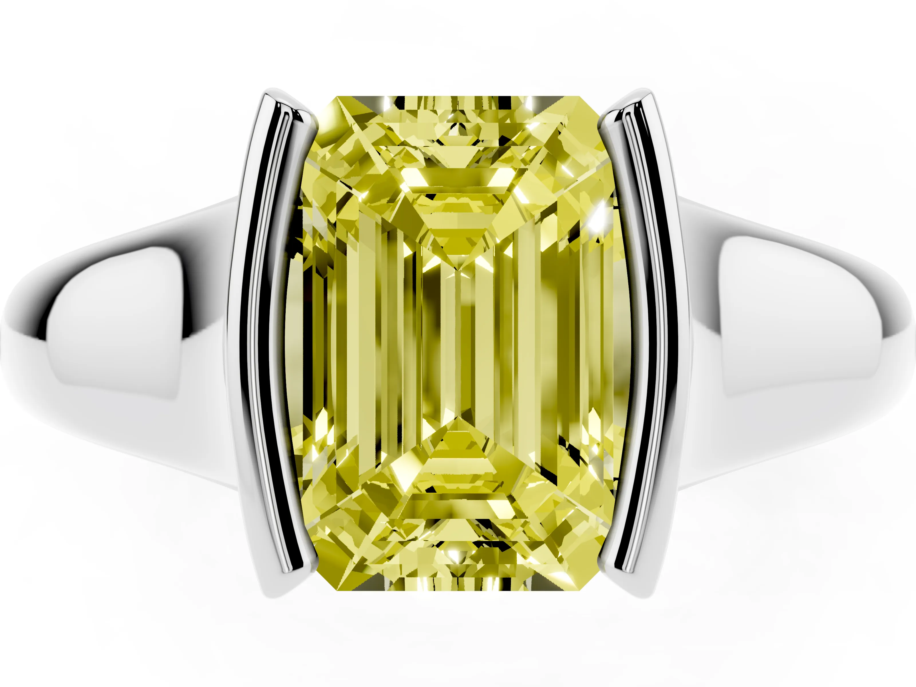 Fancy Yellow Emerald Cut Diamond Solitaire Tension Set Ring Set in White gold with Split Shank Band