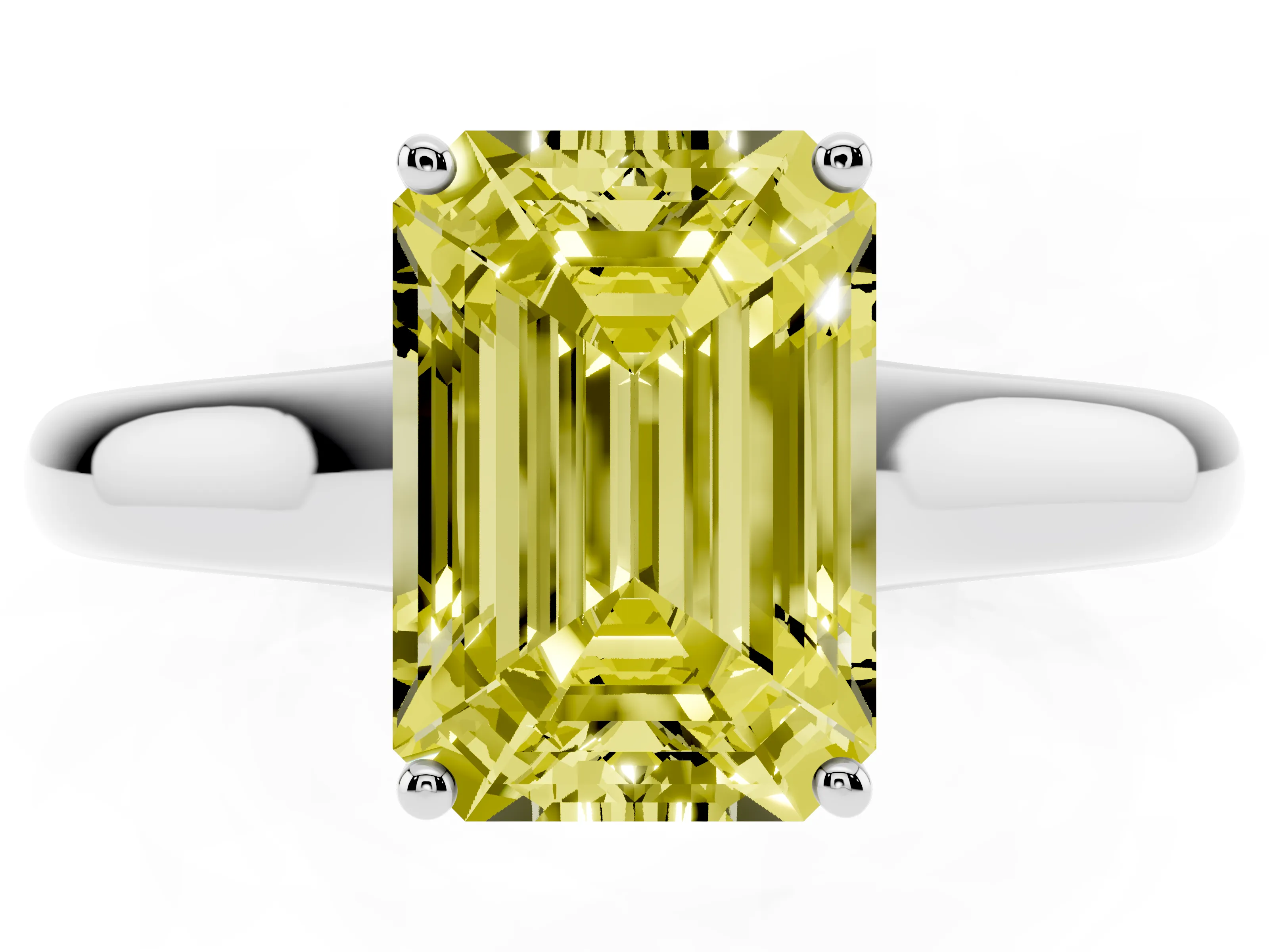 Fancy Yellow Emerald Cut Diamond Solitaire Engagement Ring Set in White gold with Subtly Tapered Band and Prong Setting