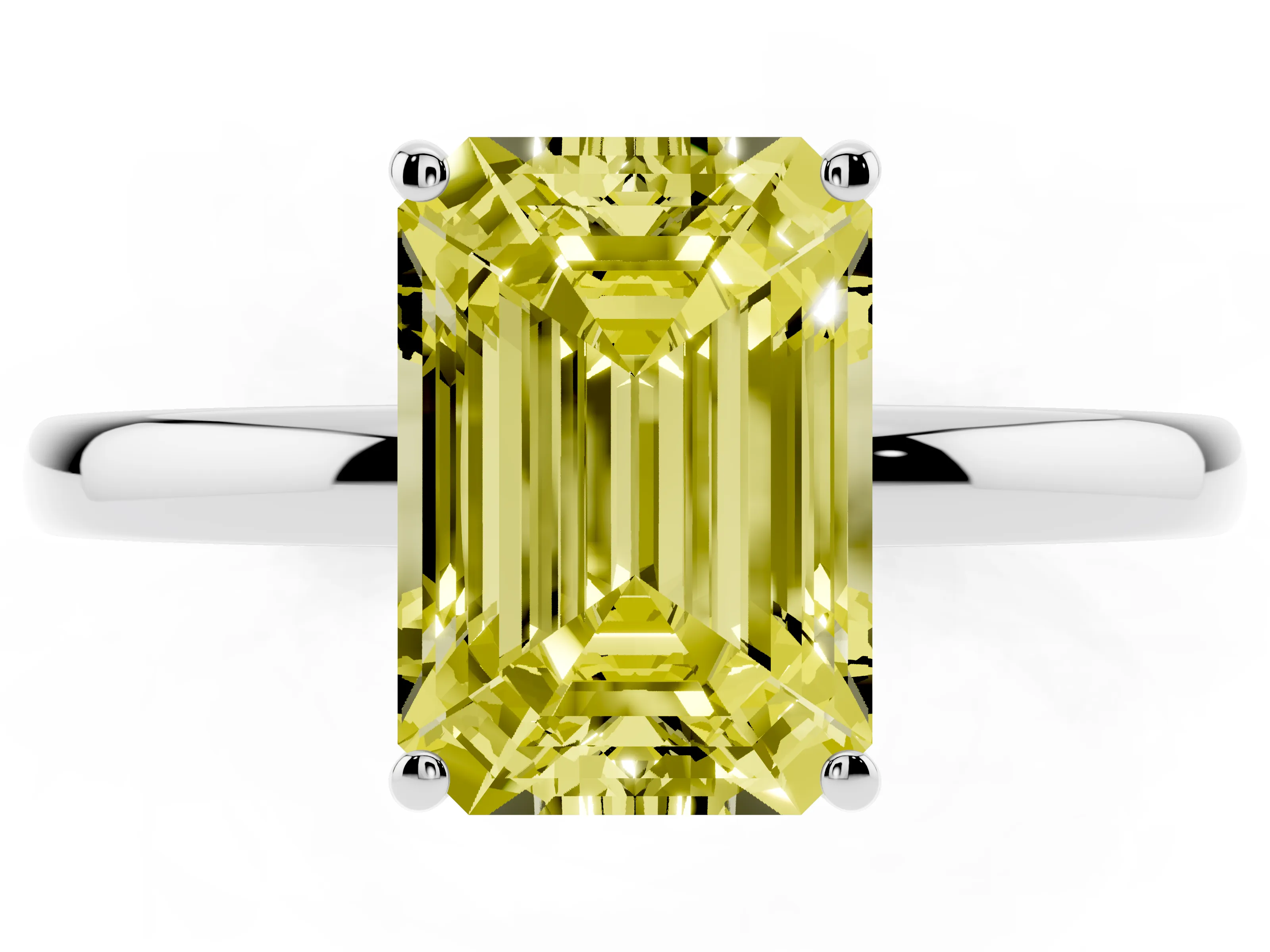 Fancy Yellow Emerald Cut Diamond Solitaire Ring Set in Silver with Plain Band and Prong Setting